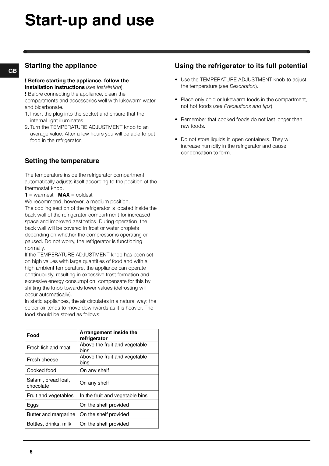 Hotpoint RL150P, RL150G operating instructions Start-up and use, Starting the appliance, Setting the temperature 