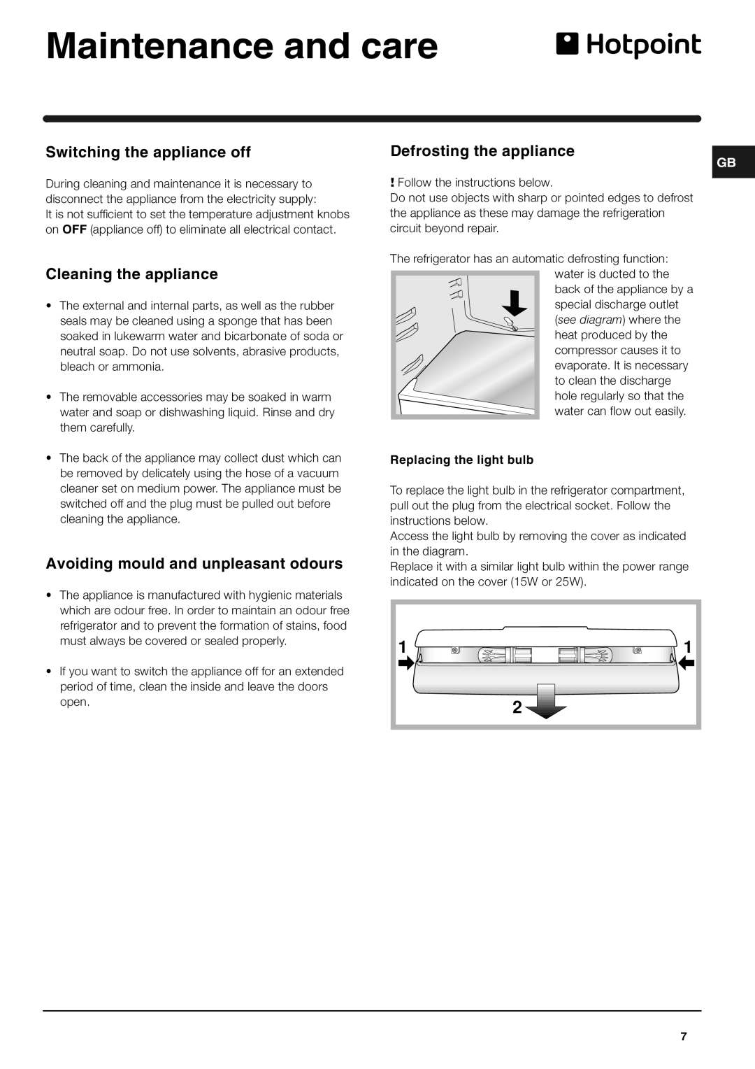 Hotpoint RL150G Maintenance and care, Switching the appliance off, Defrosting the appliance, Cleaning the appliance 