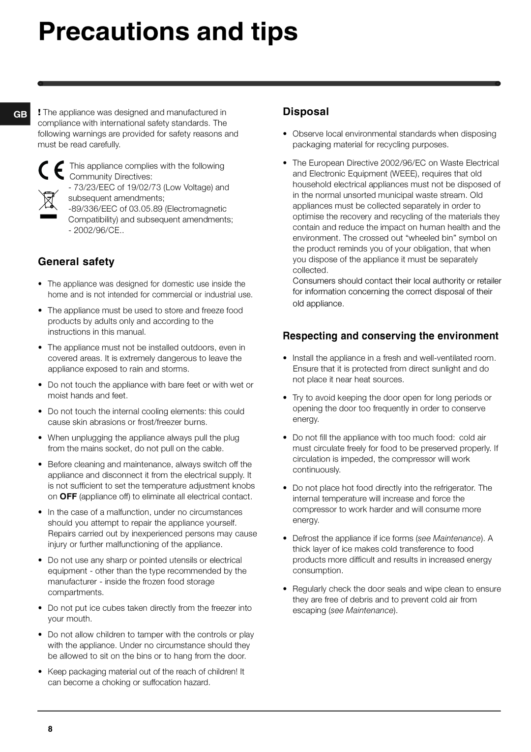 Hotpoint RL150P, RL150G Precautions and tips, General safety, Disposal, Respecting and conserving the environment 