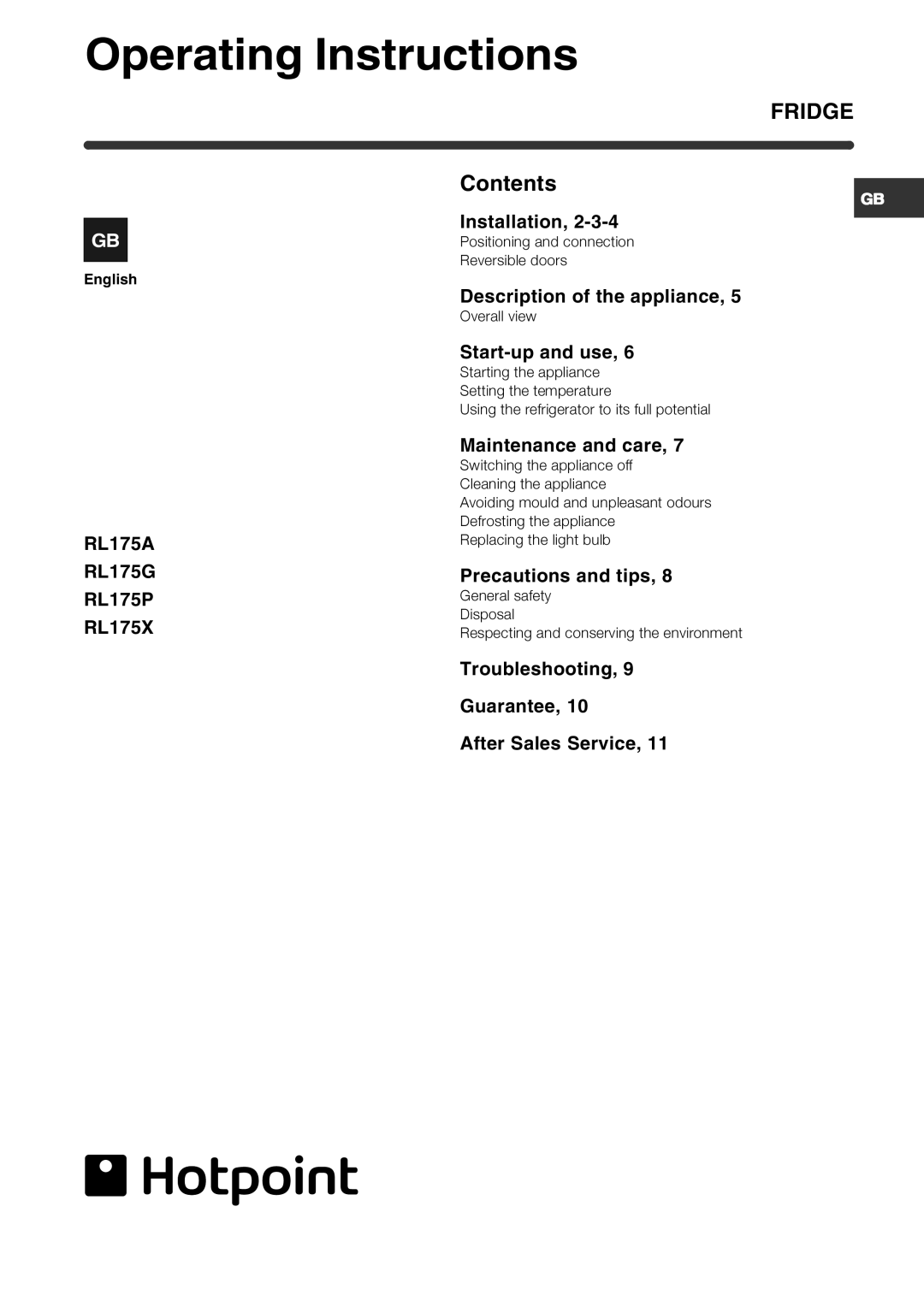 Hotpoint RL175X, RL175G, RL175A, RL175P manual Operating Instructions, Fridge 