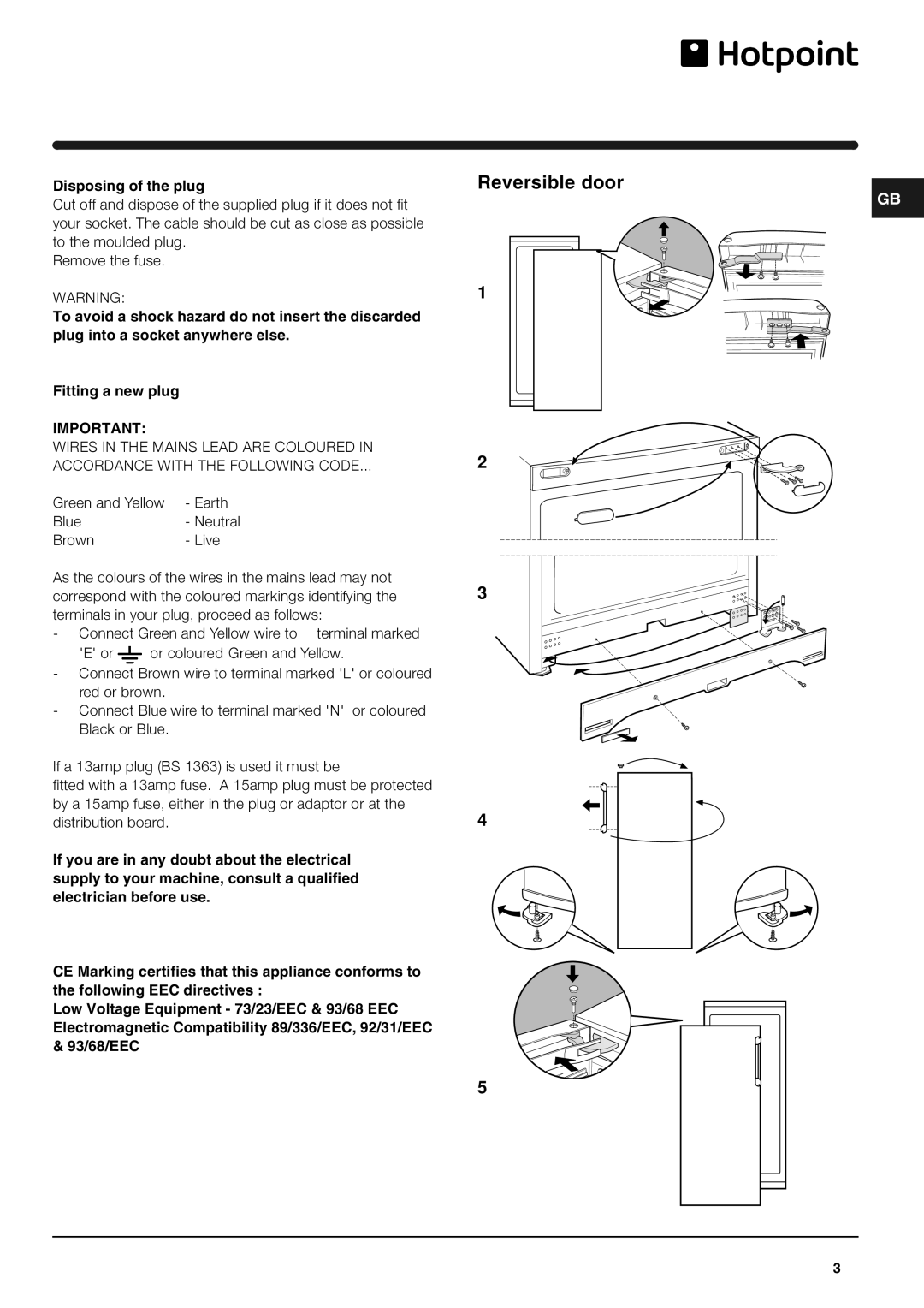 Hotpoint RL175P, RL175G, RL175X, RL175A manual Reversible door, Disposing of the plug 