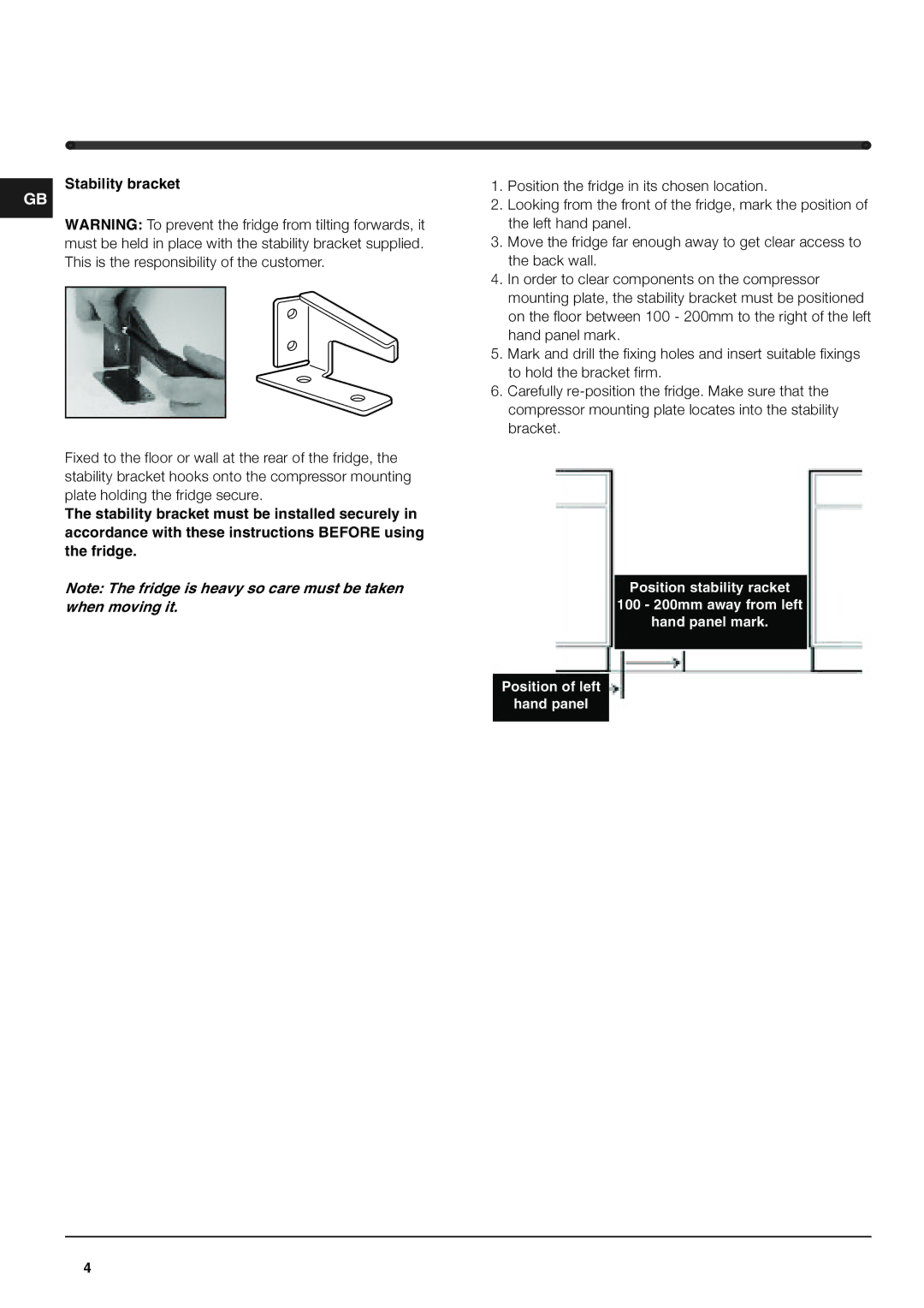 Hotpoint RL175G, RL175X, RL175A, RL175P manual Stability bracket 