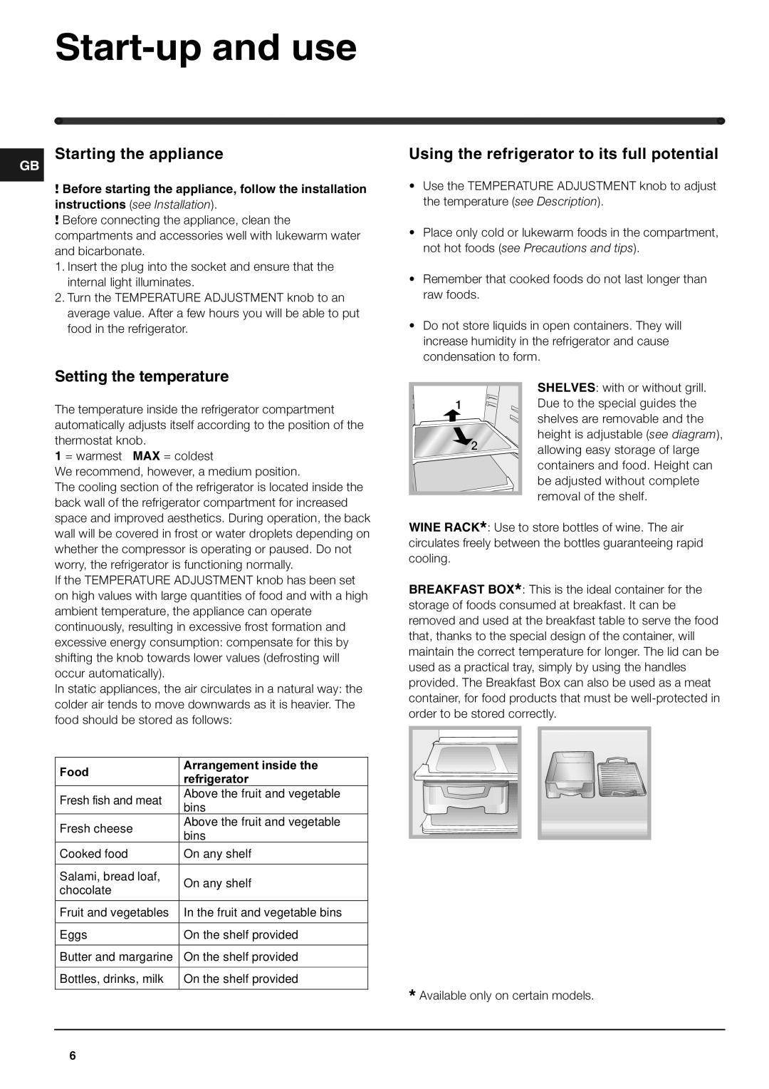 Hotpoint RL175A, RL175G, RL175X manual Start-up and use, Starting the appliance, Using the refrigerator to its full potential 