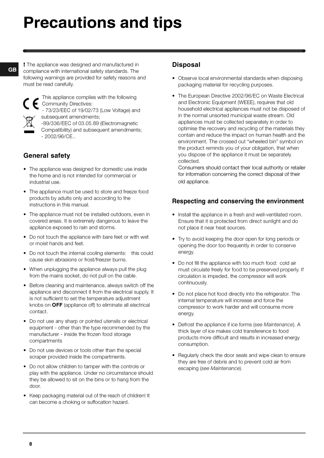 Hotpoint RL175G, RL175X, RL175A Precautions and tips, General safety, Disposal, Respecting and conserving the environment 