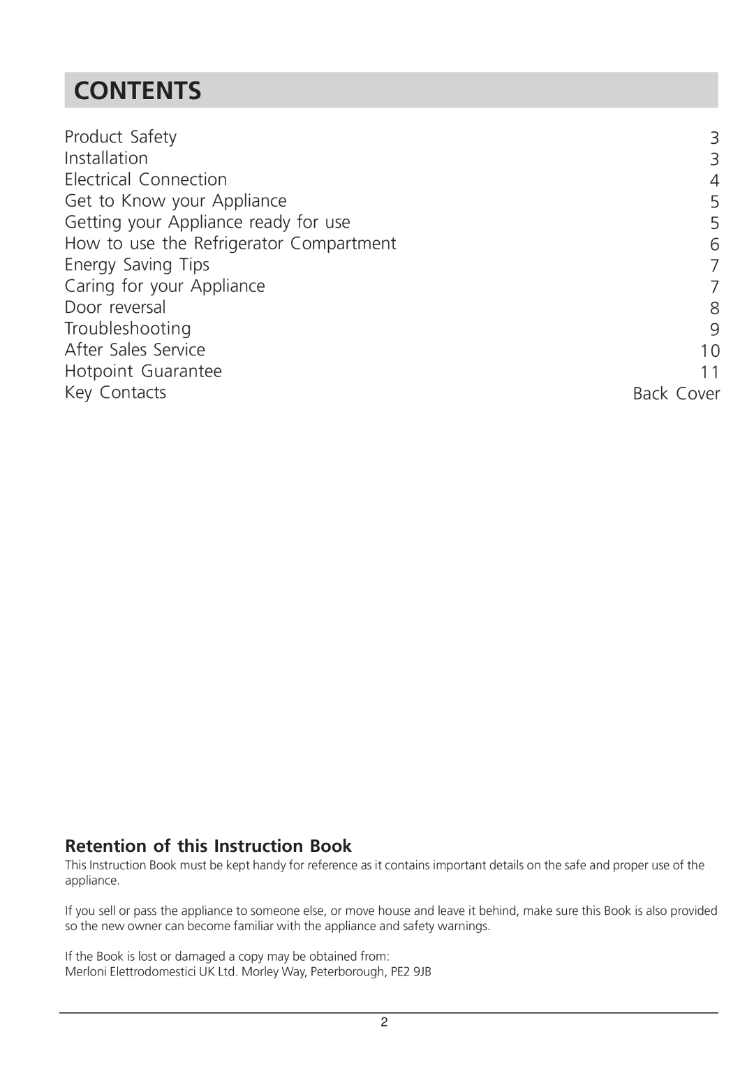 Hotpoint RLA 21 manual Contents 