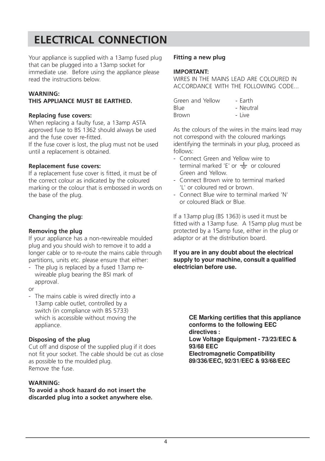 Hotpoint RLA 21 manual Electrical Connection 