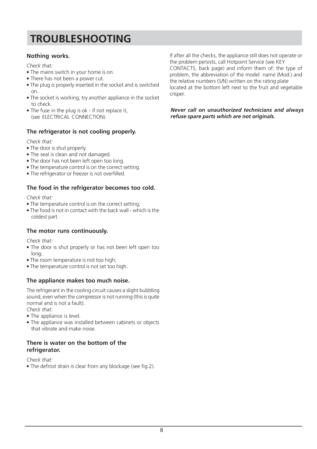 Hotpoint RLA 21 manual Troubleshooting 