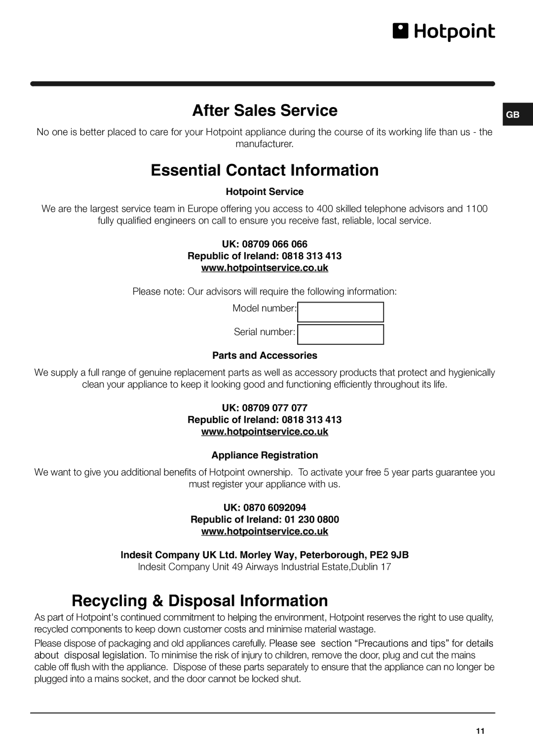 Hotpoint RLA175P operating instructions After Sales Service 