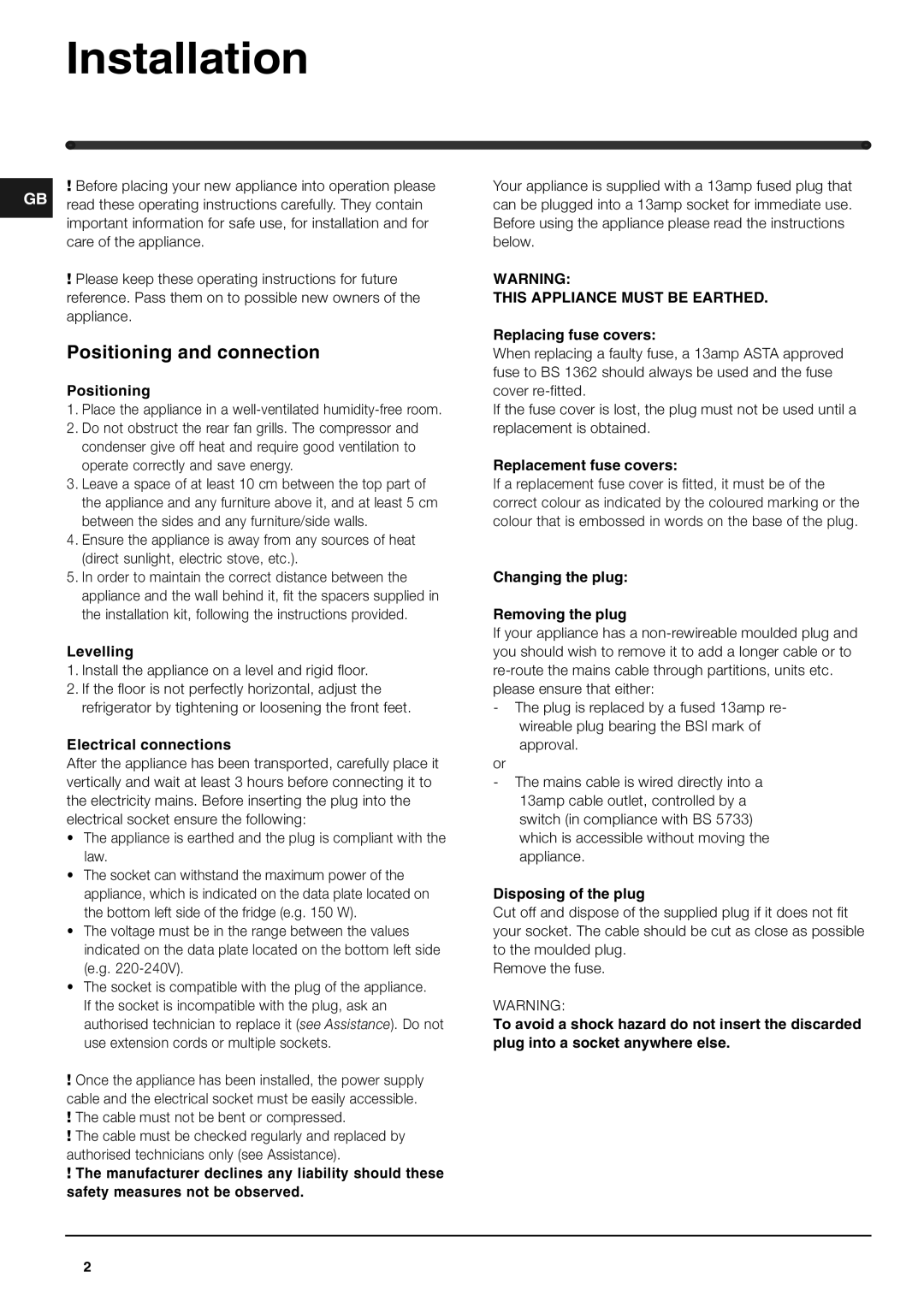 Hotpoint RLA175P operating instructions Installation, Positioning and connection 