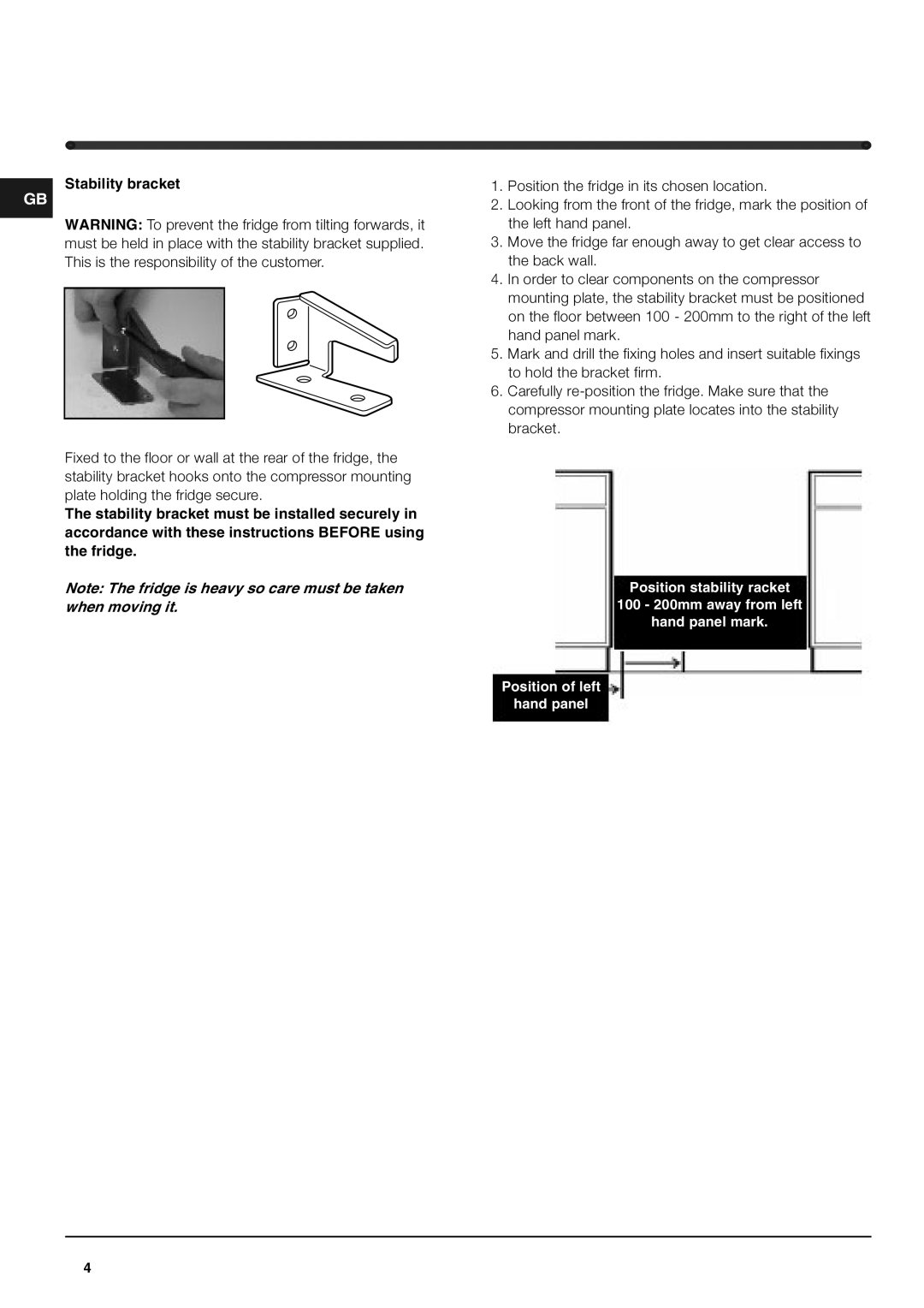 Hotpoint RLA175P operating instructions Stability bracket 