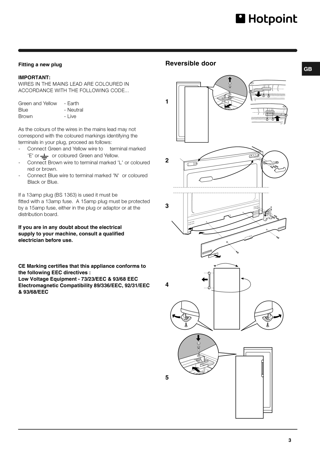 Hotpoint RLA175P operating instructions Reversible door, Fitting a new plug 