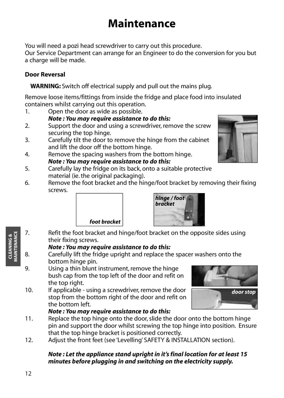 Hotpoint RLA32, RLA30, RLM30, RLS30 manual Maintenance, Door Reversal 