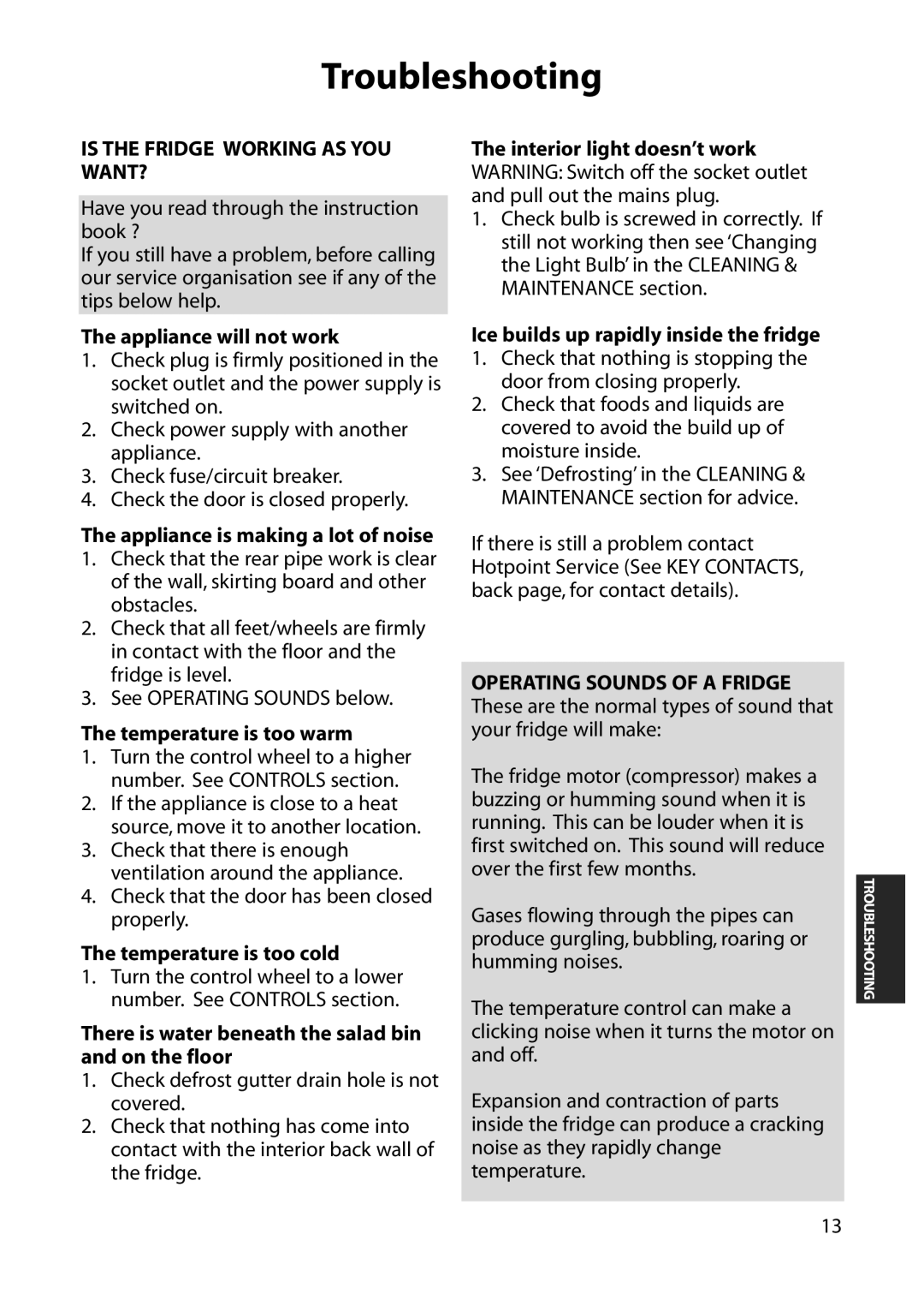 Hotpoint RLA30, RLA32, RLM30, RLS30 manual Troubleshooting 