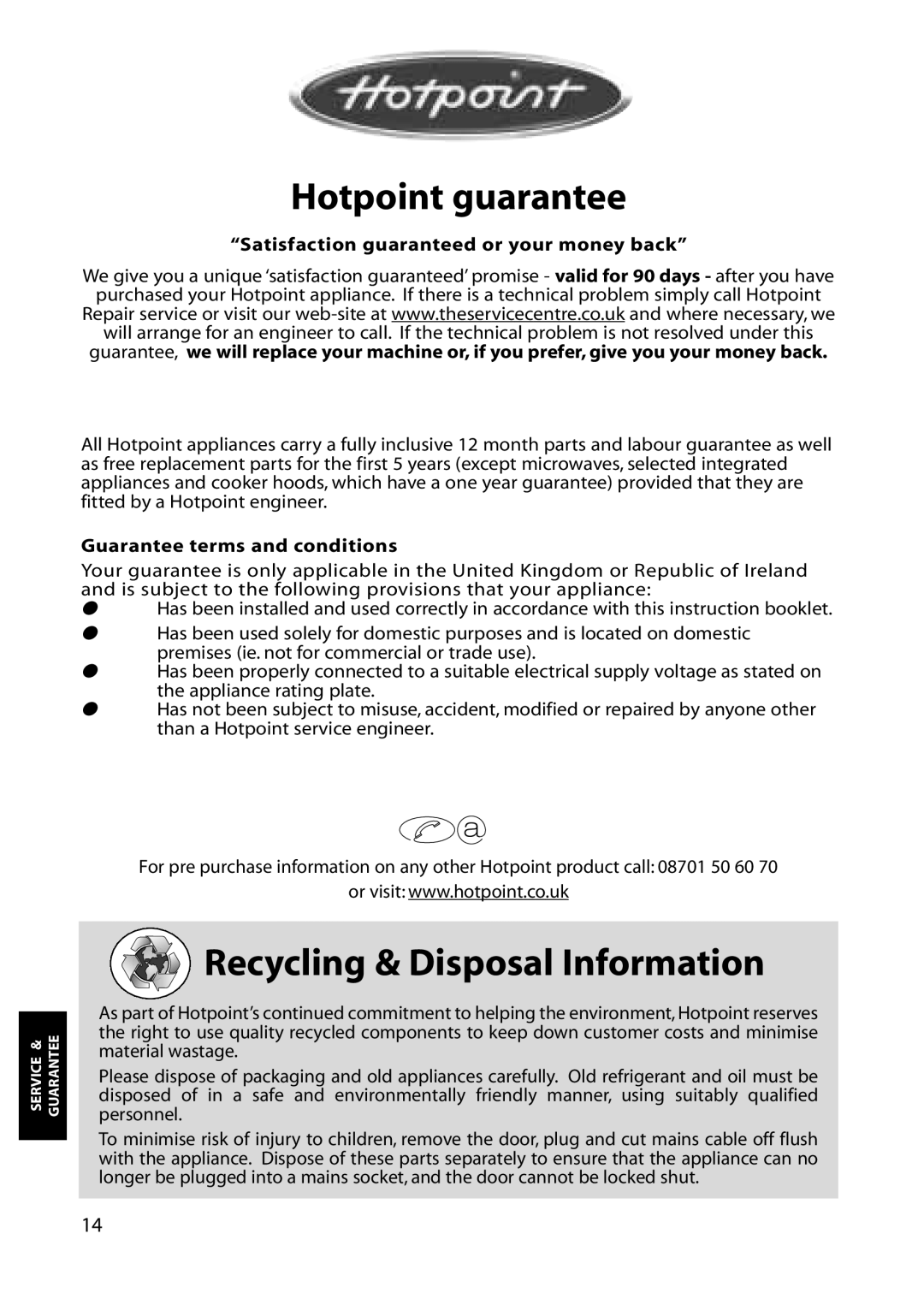 Hotpoint RLM30, RLA32, RLA30, RLS30 manual Hotpoint guarantee, Recycling & Disposal Information 