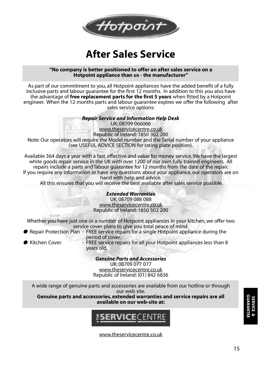 Hotpoint RLS30, RLA32, RLA30, RLM30 manual After Sales Service, Repair Service and Information Help Desk 