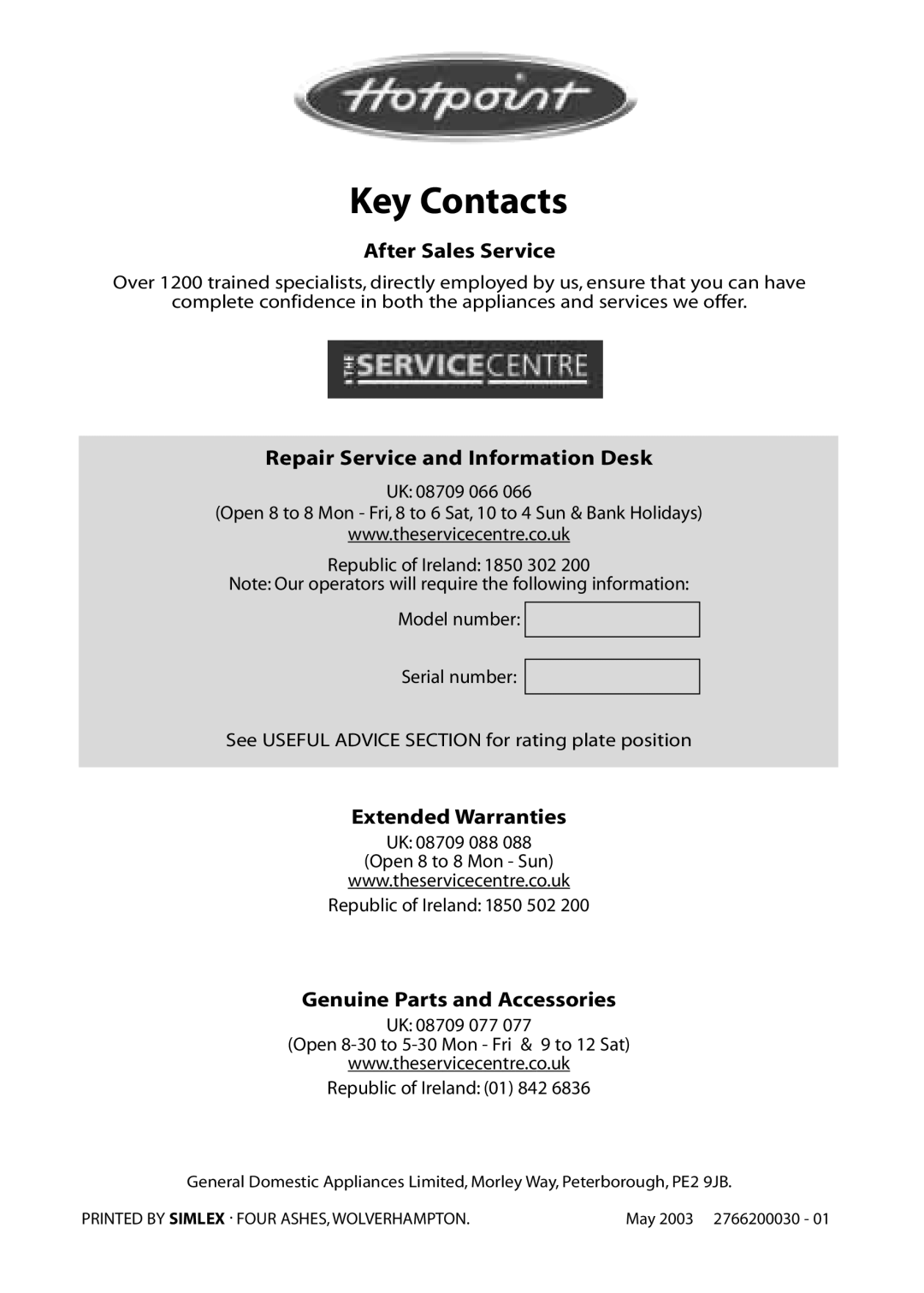 Hotpoint RLA32, RLA30, RLM30 Key Contacts, After Sales Service, Repair Service and Information Desk, Extended Warranties 