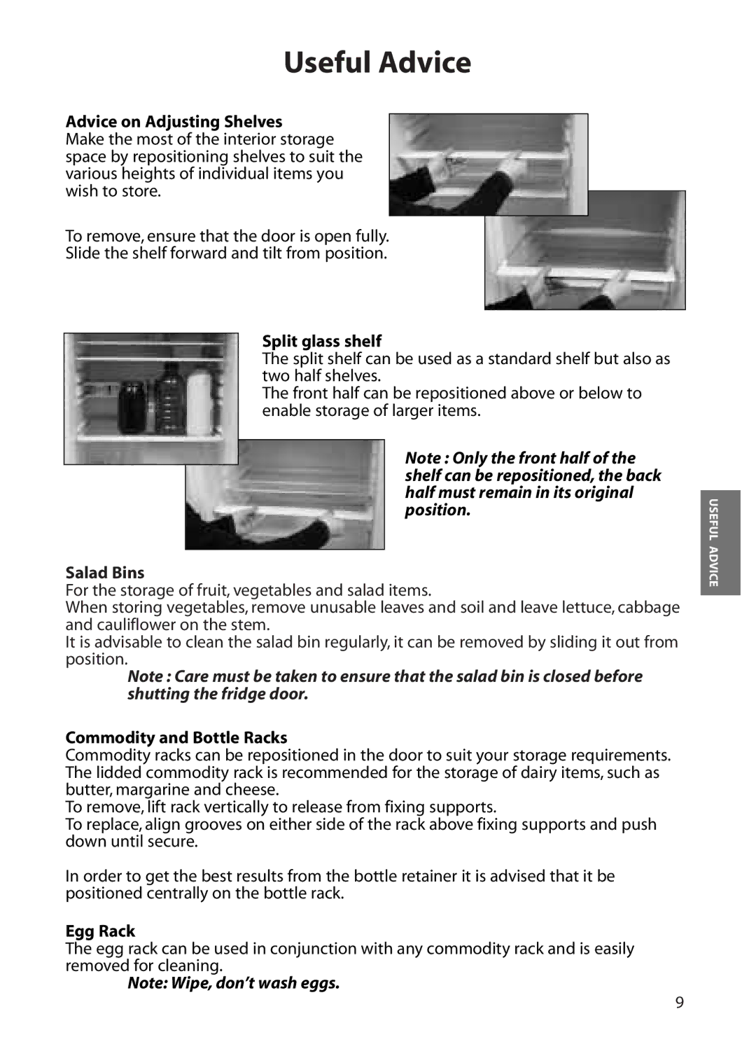 Hotpoint RLA30, RLA32 Advice on Adjusting Shelves, Split glass shelf, Salad Bins, Commodity and Bottle Racks, Egg Rack 