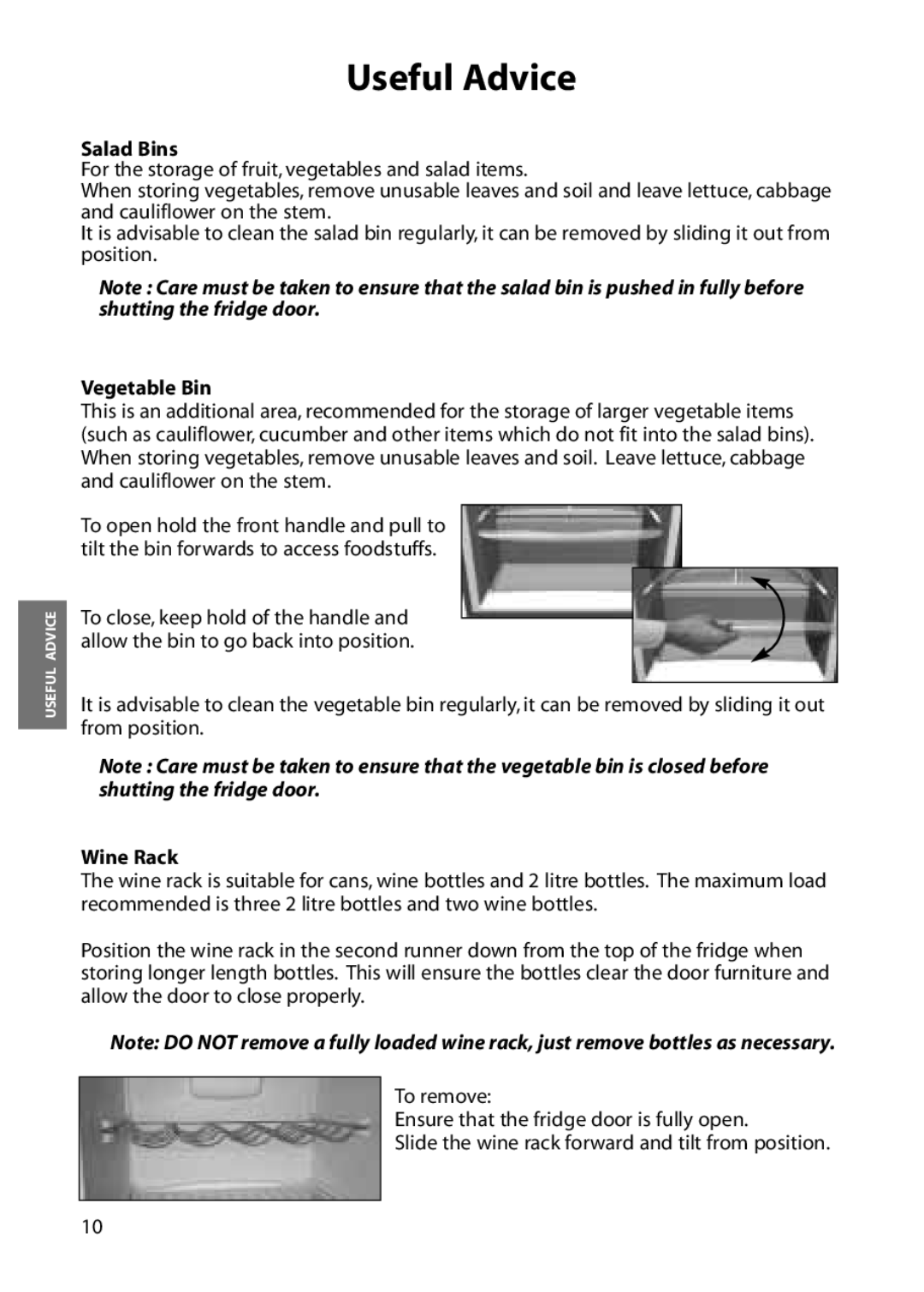 Hotpoint RLA50, RLA52 manual Salad Bins, Vegetable Bin, Wine Rack 