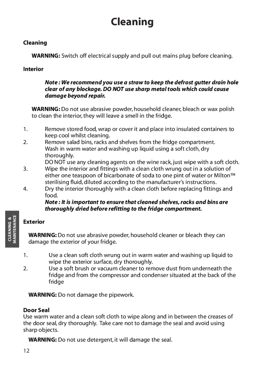 Hotpoint RLA50, RLA52 manual Cleaning Interior, Exterior, Door Seal 