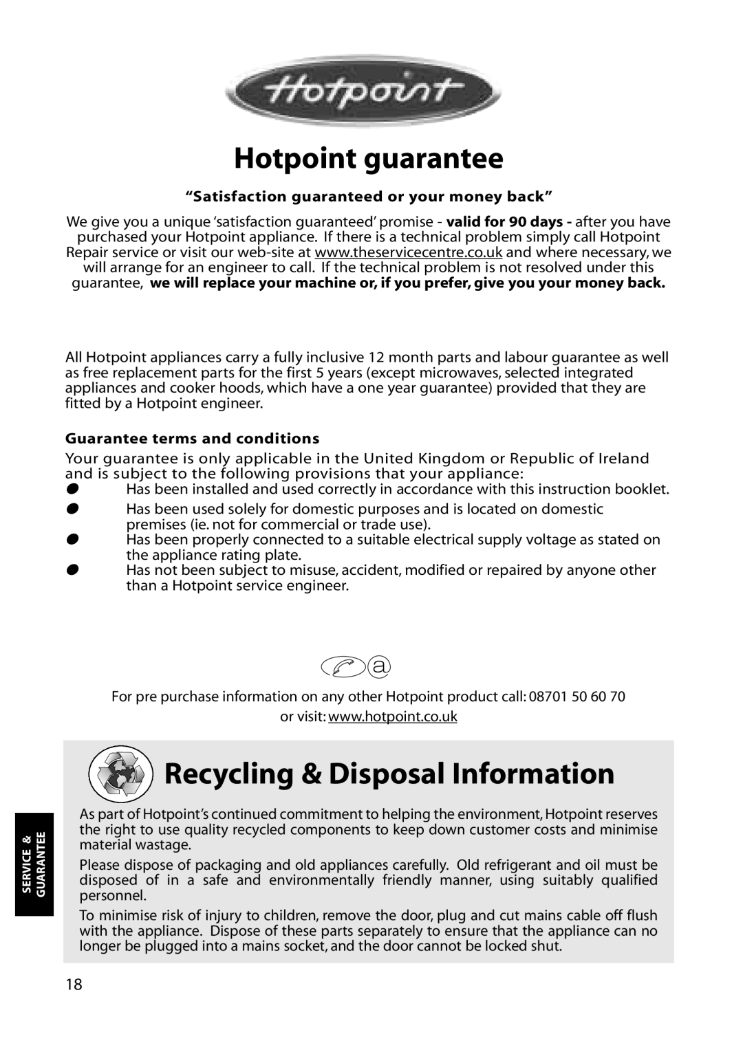 Hotpoint RLA50, RLA52 manual Hotpoint guarantee, Recycling & Disposal Information 