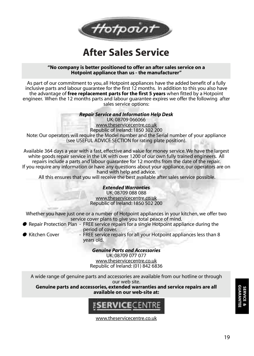 Hotpoint RLA52, RLA50 manual After Sales Service, Repair Service and Information Help Desk 