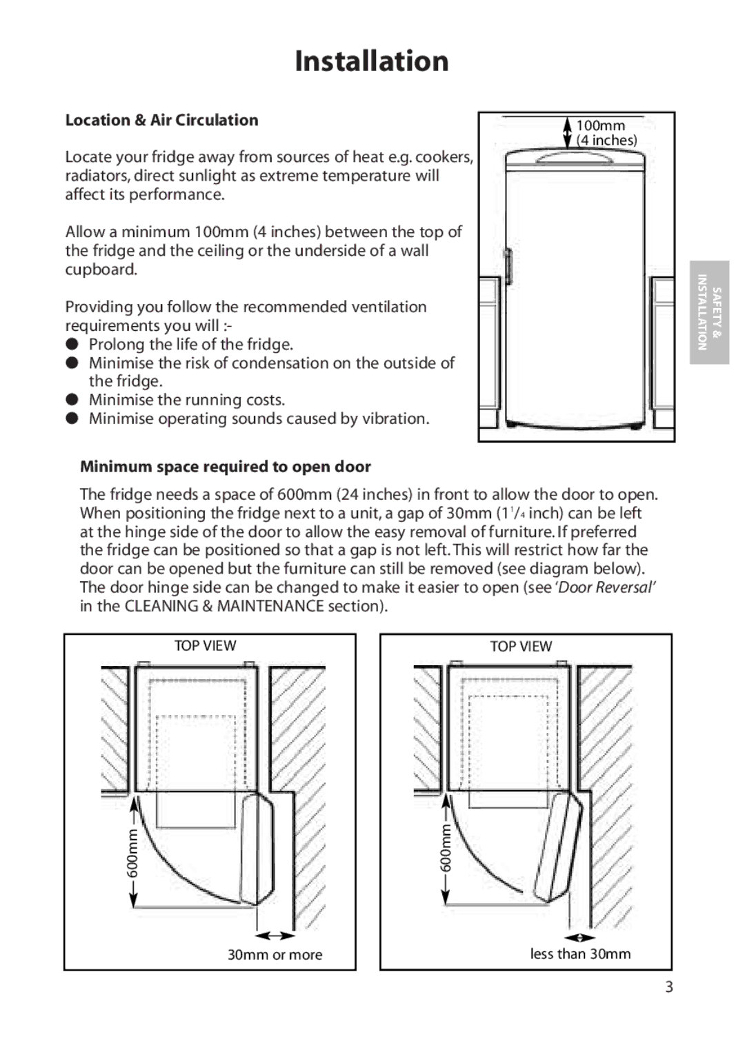 Hotpoint RLA52, RLA50 manual Installation, Location & Air Circulation, Minimum space required to open door 