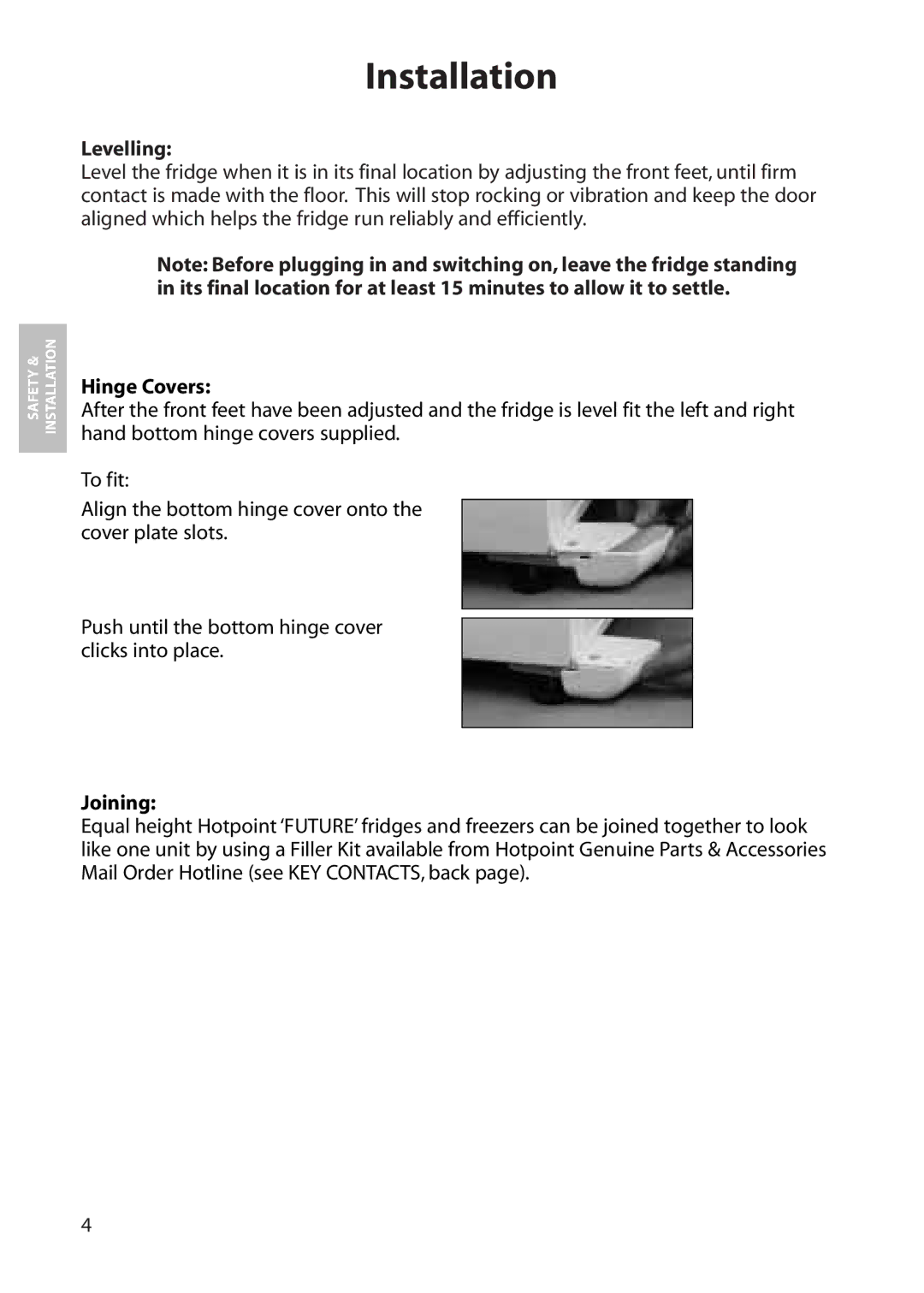 Hotpoint RLA50, RLA52 manual Levelling, Hinge Covers, Joining 