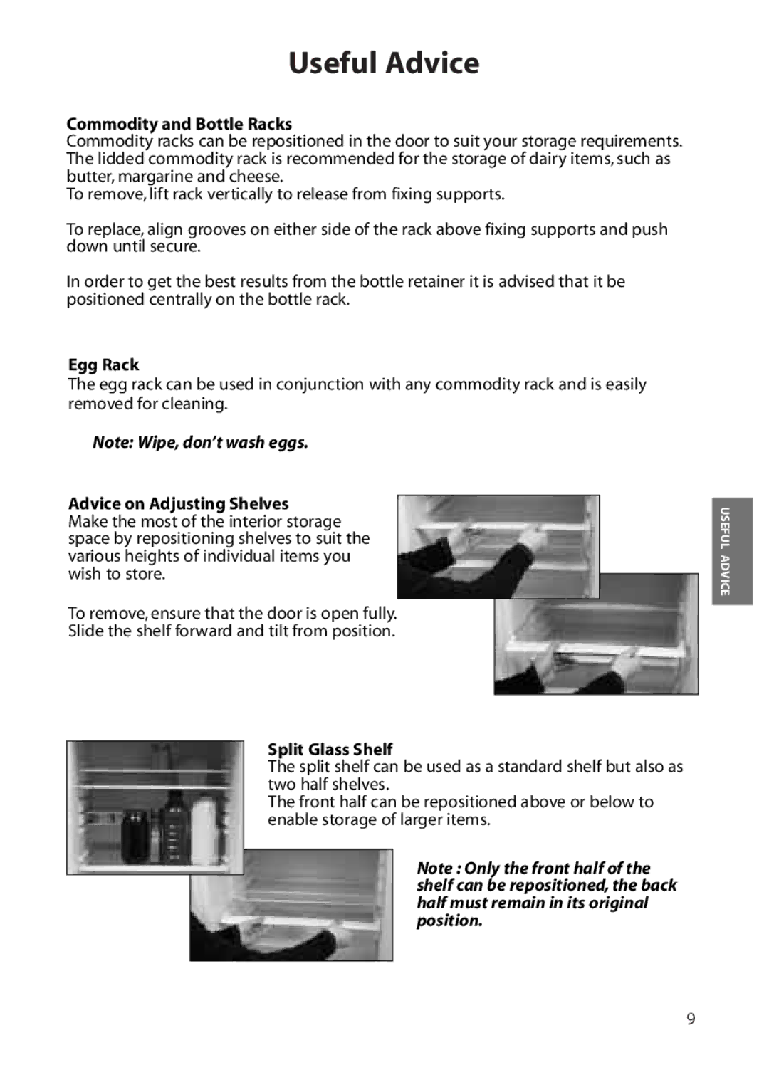 Hotpoint RLA52, RLA50 manual Commodity and Bottle Racks, Egg Rack, Advice on Adjusting Shelves, Split Glass Shelf 