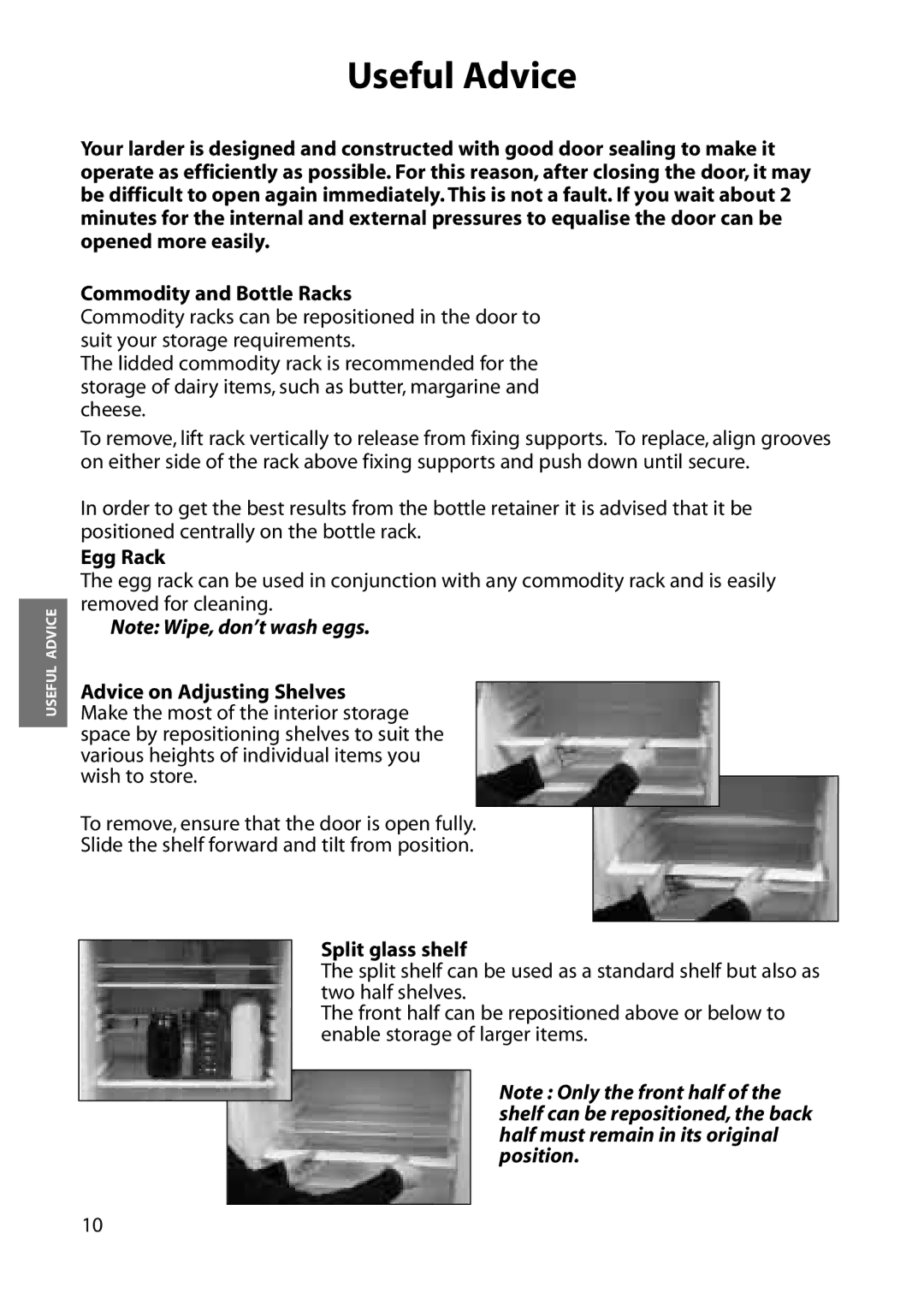 Hotpoint RLA81, RLM81 manual Egg Rack, Advice on Adjusting Shelves, Split glass shelf 