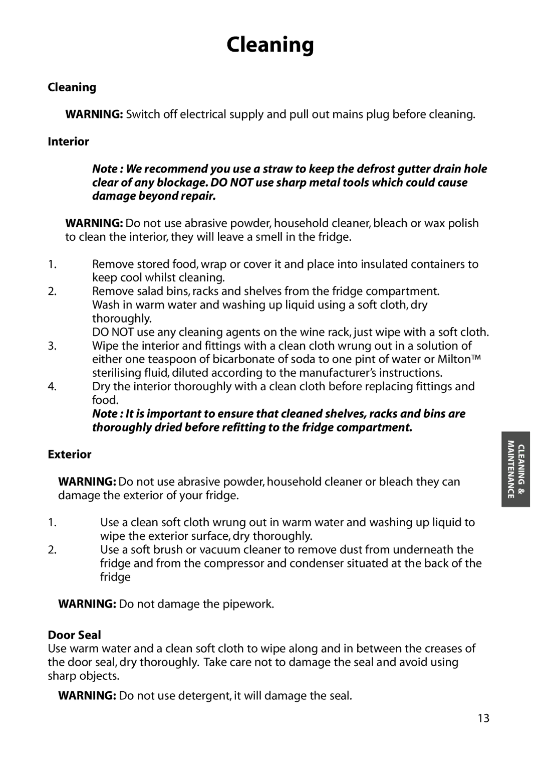 Hotpoint RLM81, RLA81 manual Cleaning Interior, Exterior, Door Seal 