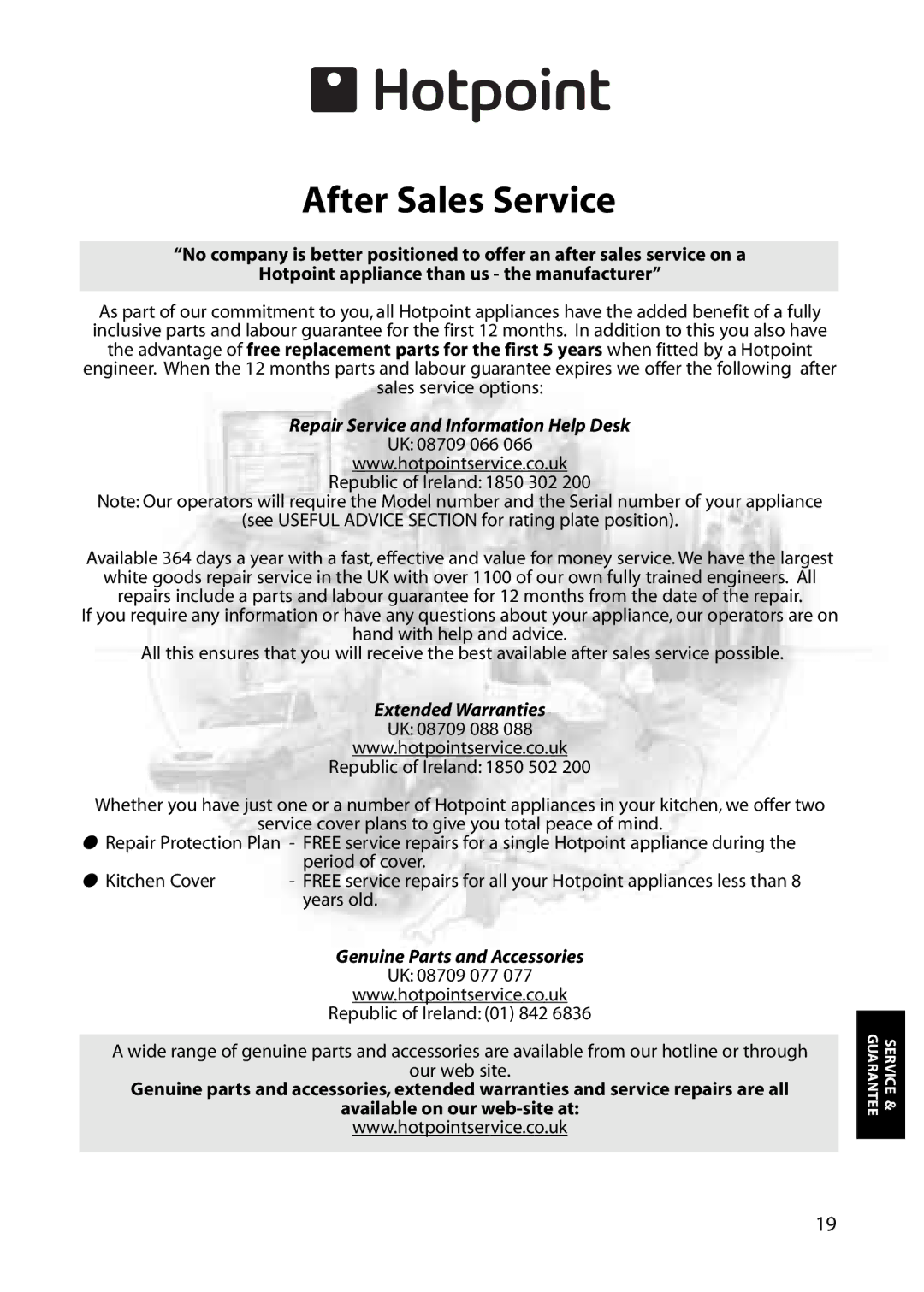 Hotpoint RLM81, RLA81 manual After Sales Service, Repair Service and Information Help Desk 