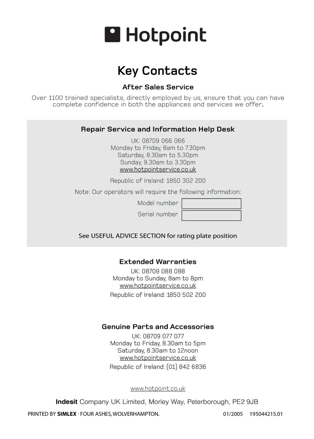 Hotpoint RLA81, RLM81 Key Contacts, After Sales Service, Repair Service and Information Help Desk, Extended Warranties 