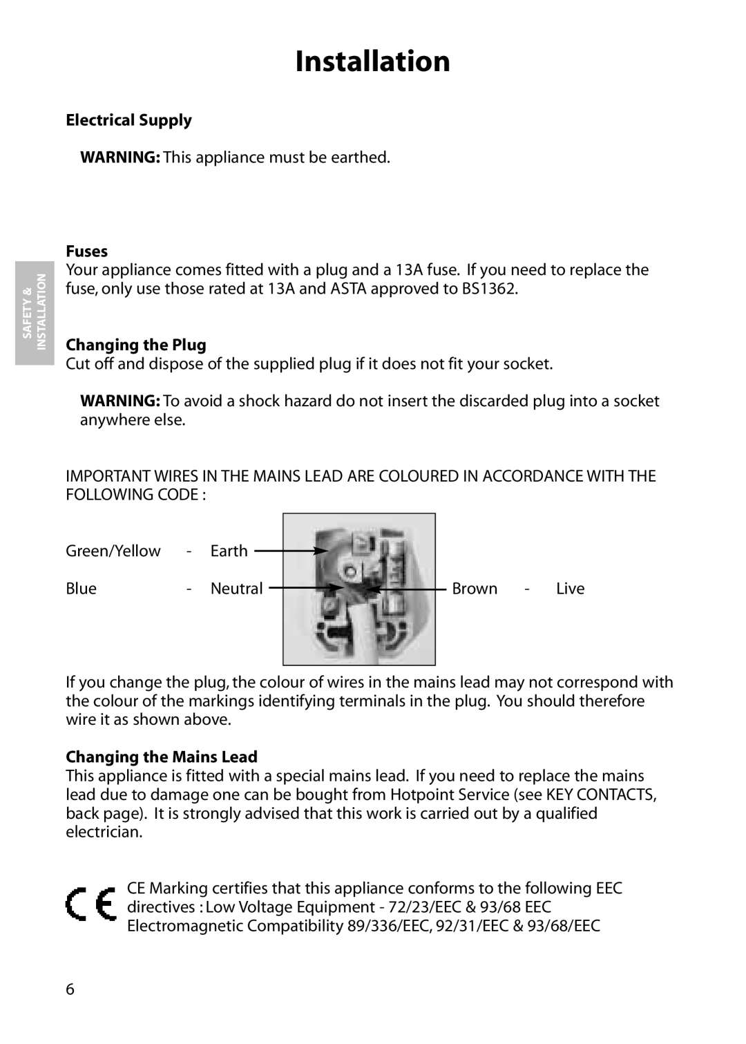 Hotpoint RLA81, RLM81 manual Electrical Supply, Fuses, Changing the Plug, Changing the Mains Lead 