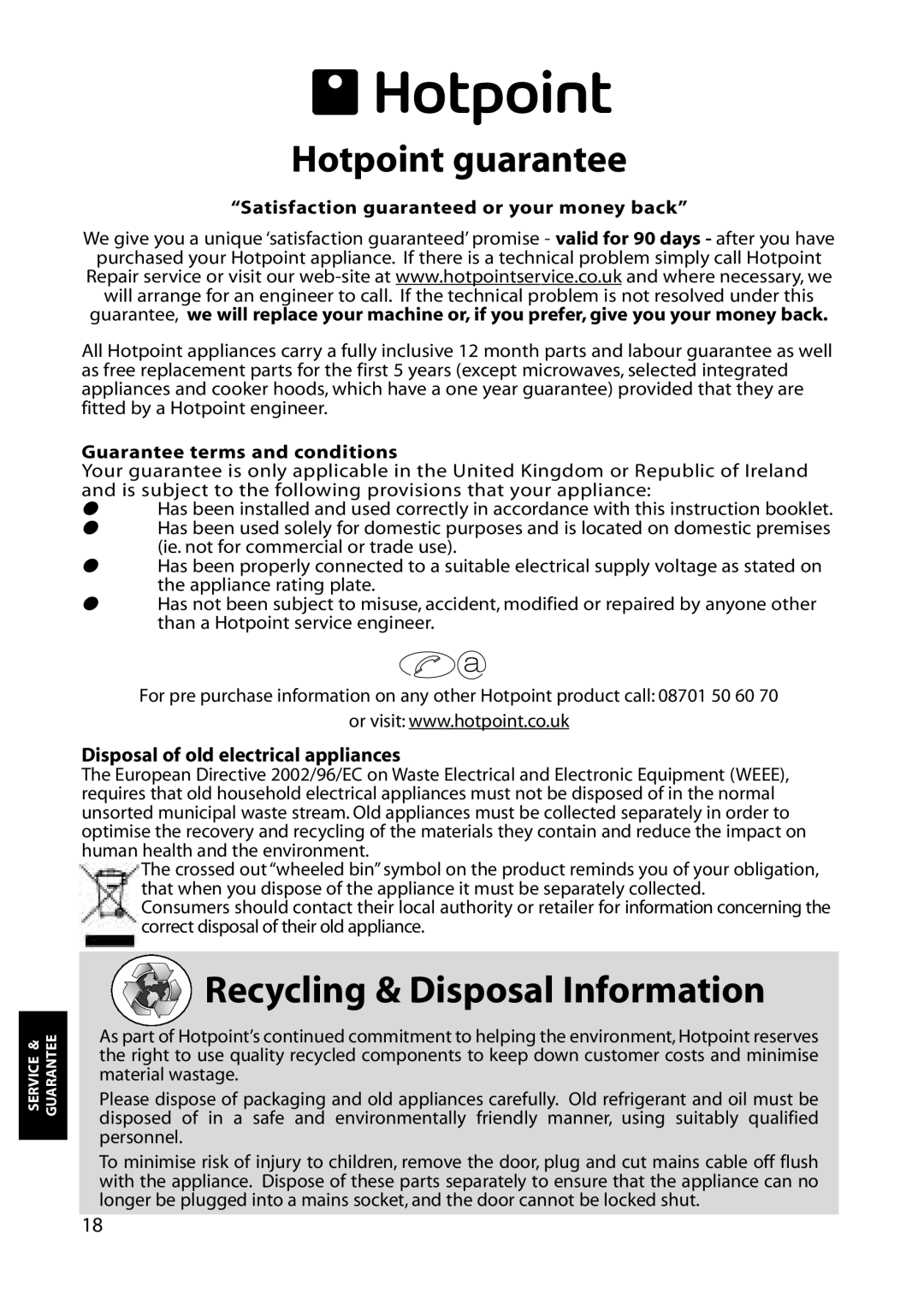 Hotpoint RLA84 manual Hotpoint guarantee, Recycling & Disposal Information, Disposal of old electrical appliances 