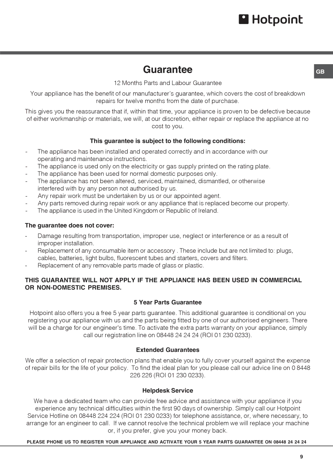 Hotpoint RLAV21x, RLAAV21x operating instructions Guarantee 