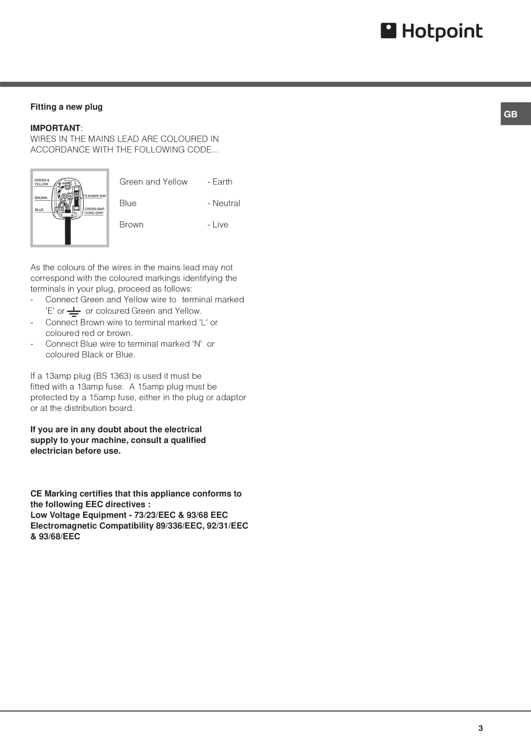 Hotpoint RLAV21K, RLAV21P operating instructions Fitting a new plug 