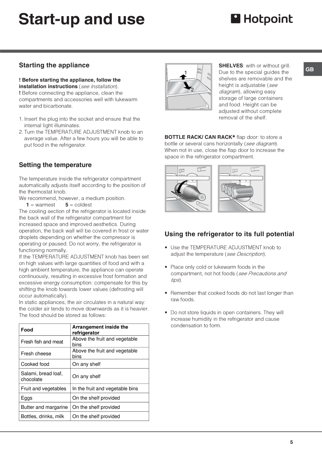 Hotpoint RLAV21K, RLAV21P operating instructions Start-up and use, Starting the appliance, Setting the temperature 