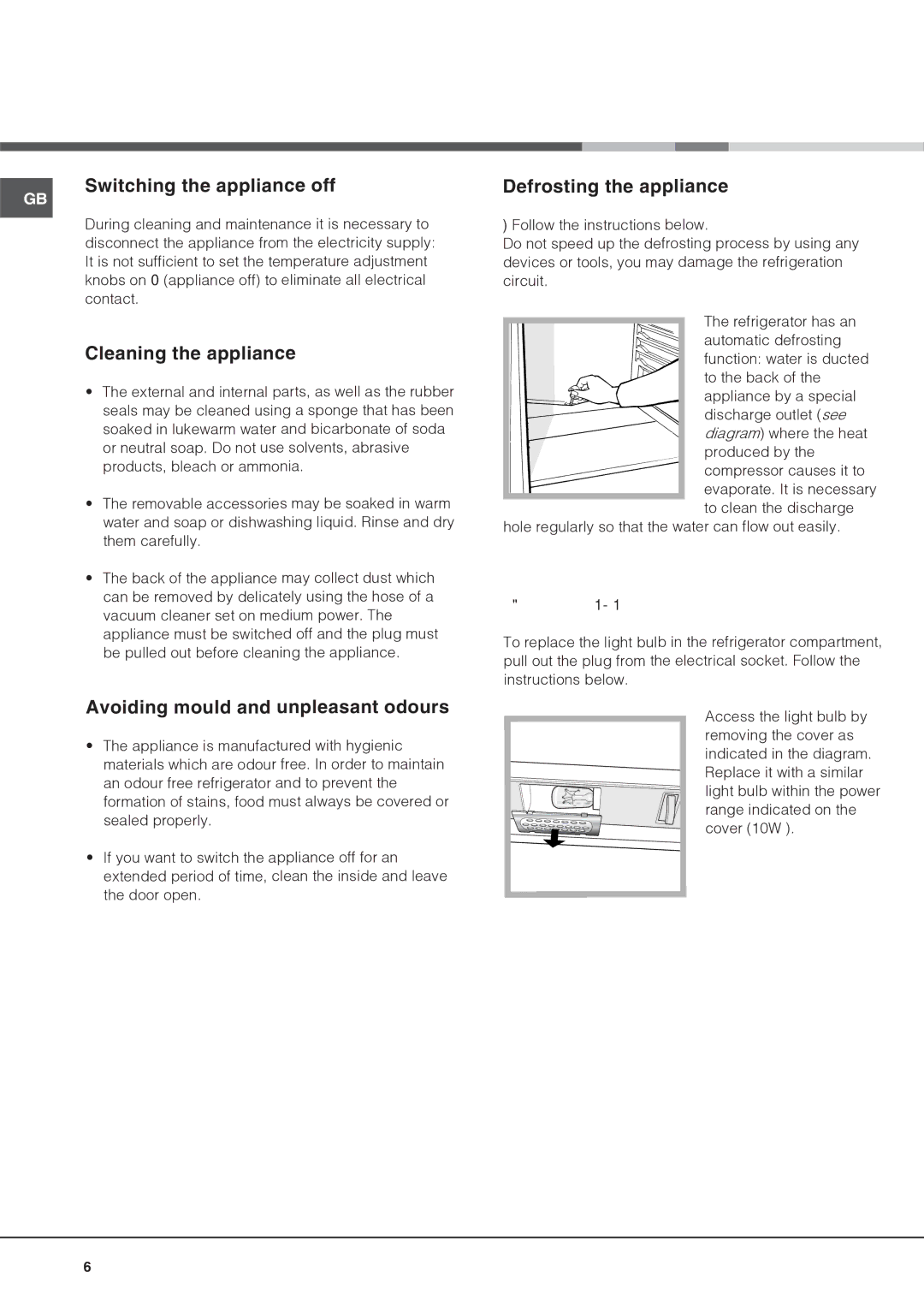 Hotpoint RLAV21P Maintenance and care, Switching the appliance off Defrosting the appliance, Cleaning the appliance 