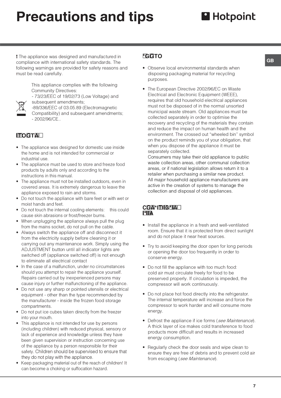 Hotpoint RLAV21K, RLAV21P Precautions and tips, General safety, Disposal, Respecting and conserving the environment 