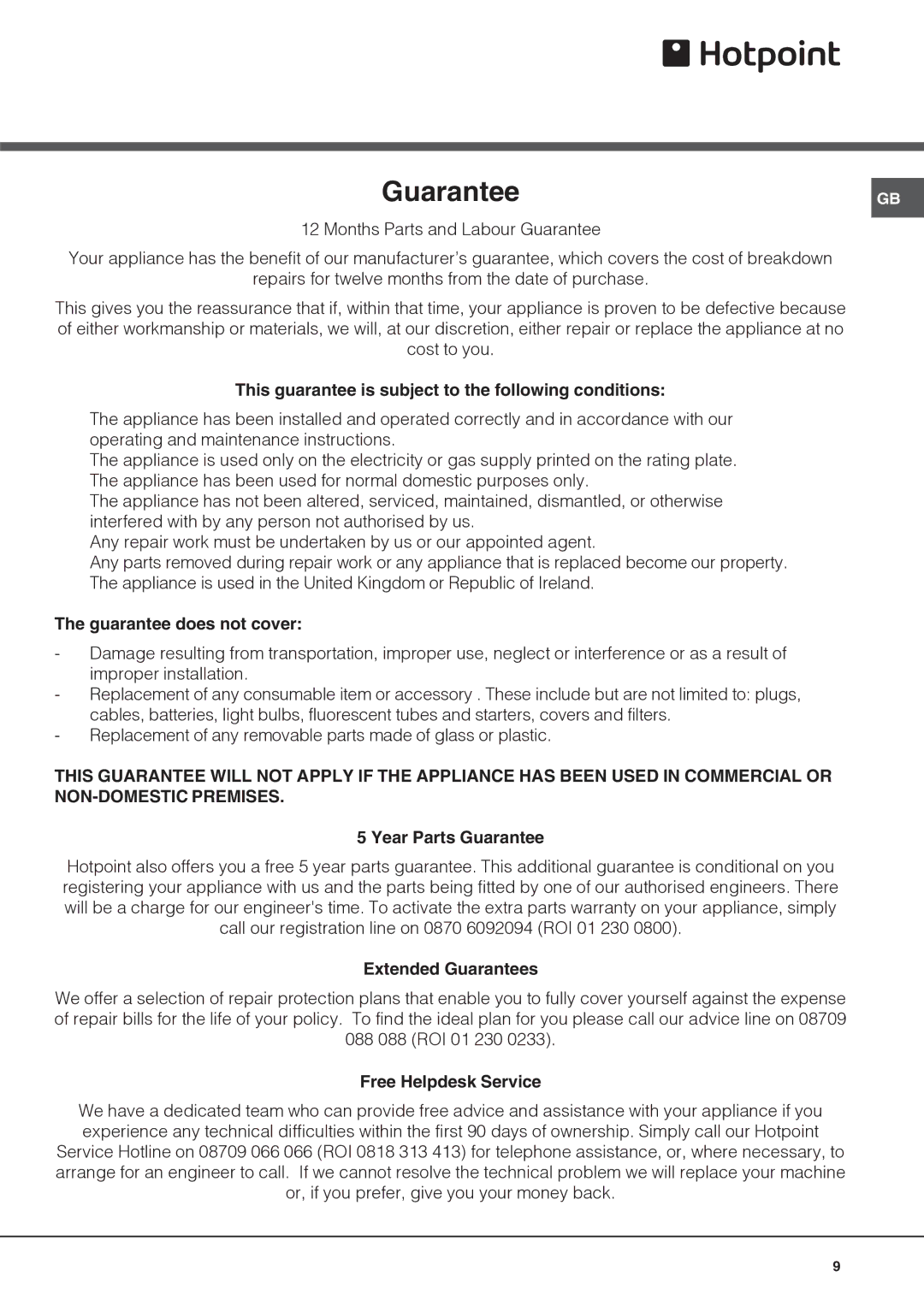 Hotpoint RLAV21K, RLAV21P operating instructions Guarantee 