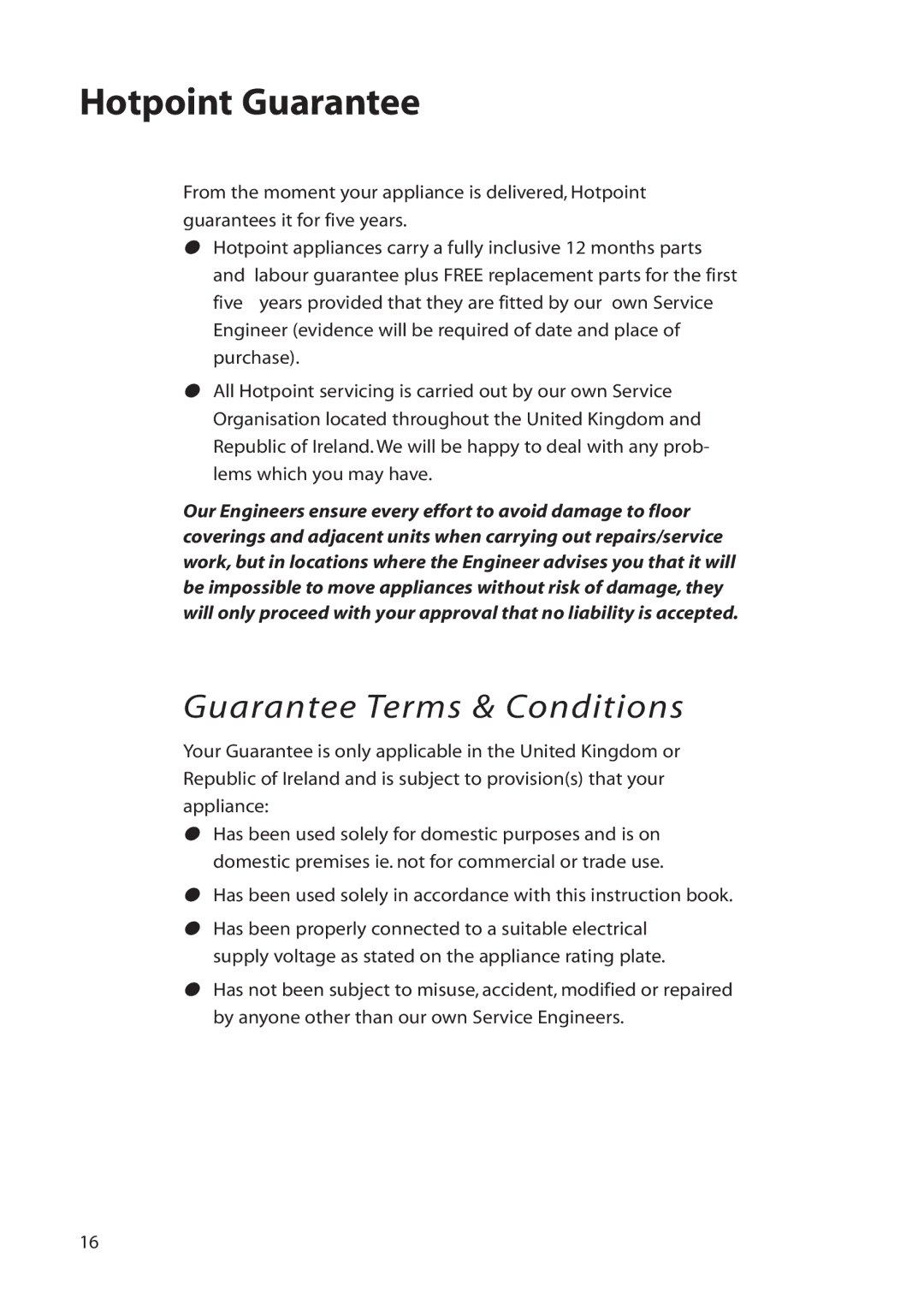 Hotpoint RLB20 manual Hotpoint Guarantee, Guarantee Terms & Conditions 