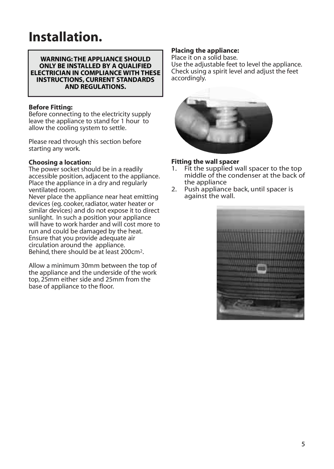 Hotpoint RLB20 manual Installation, Before Fitting, Choosing a location, Placing the appliance, Fitting the wall spacer 