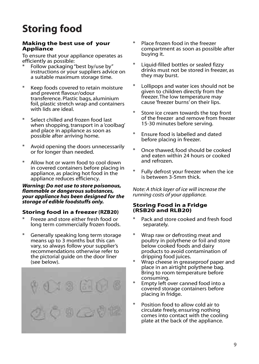 Hotpoint RLB20 manual Making the best use of your Appliance, Storing food in a freezer RZB20 
