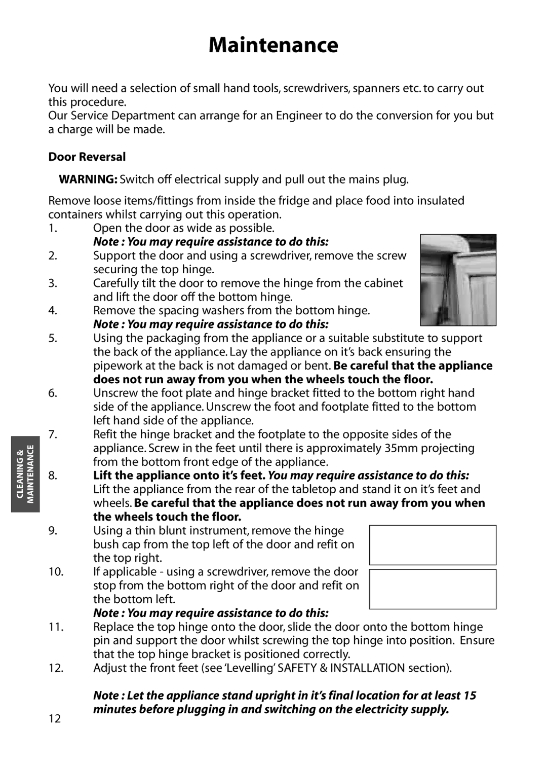 Hotpoint RLM31, RLM33, RLA31, RLA33 manual Maintenance, Door Reversal 