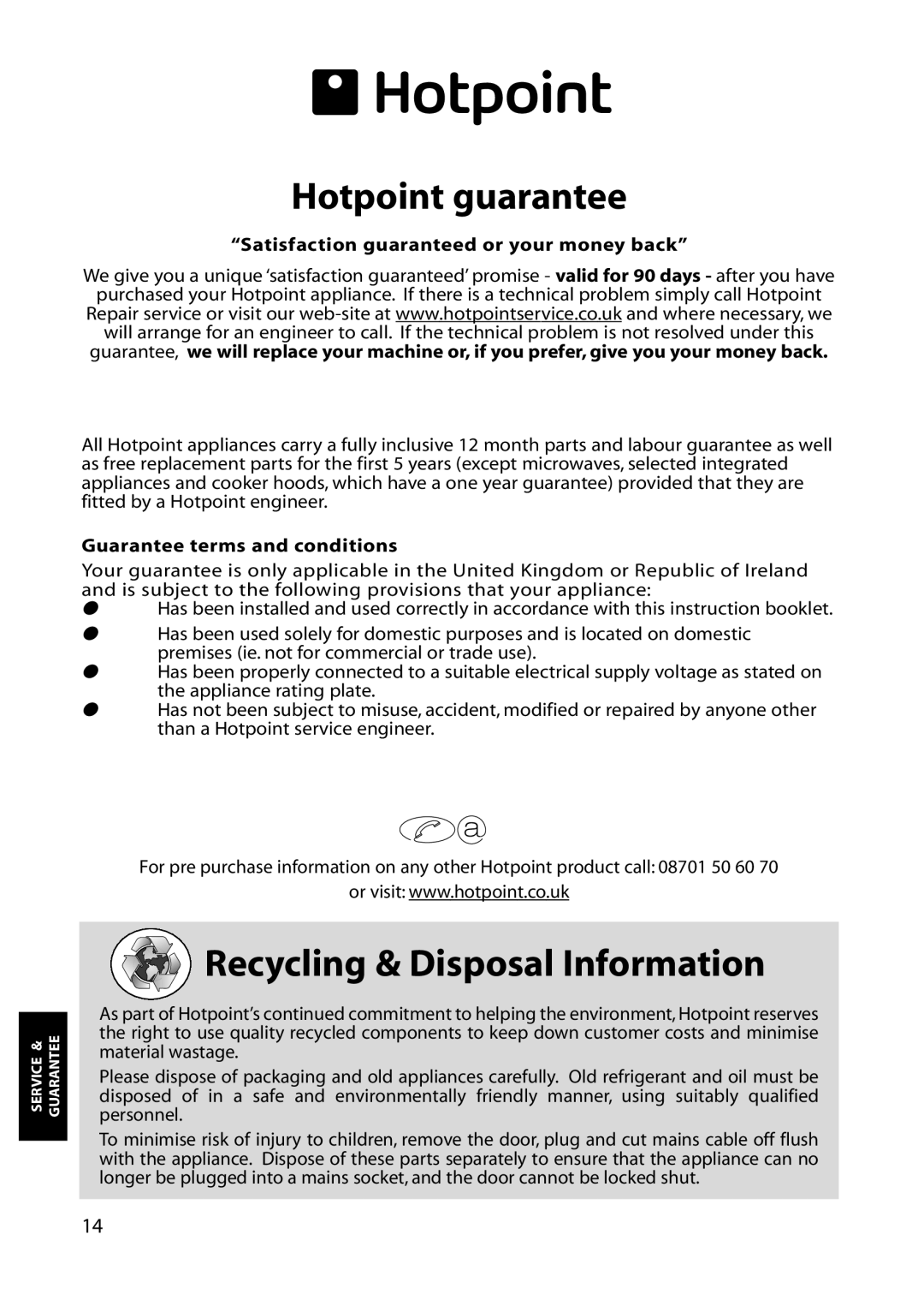 Hotpoint RLA31, RLM31, RLM33, RLA33 manual Hotpoint guarantee, Recycling & Disposal Information 