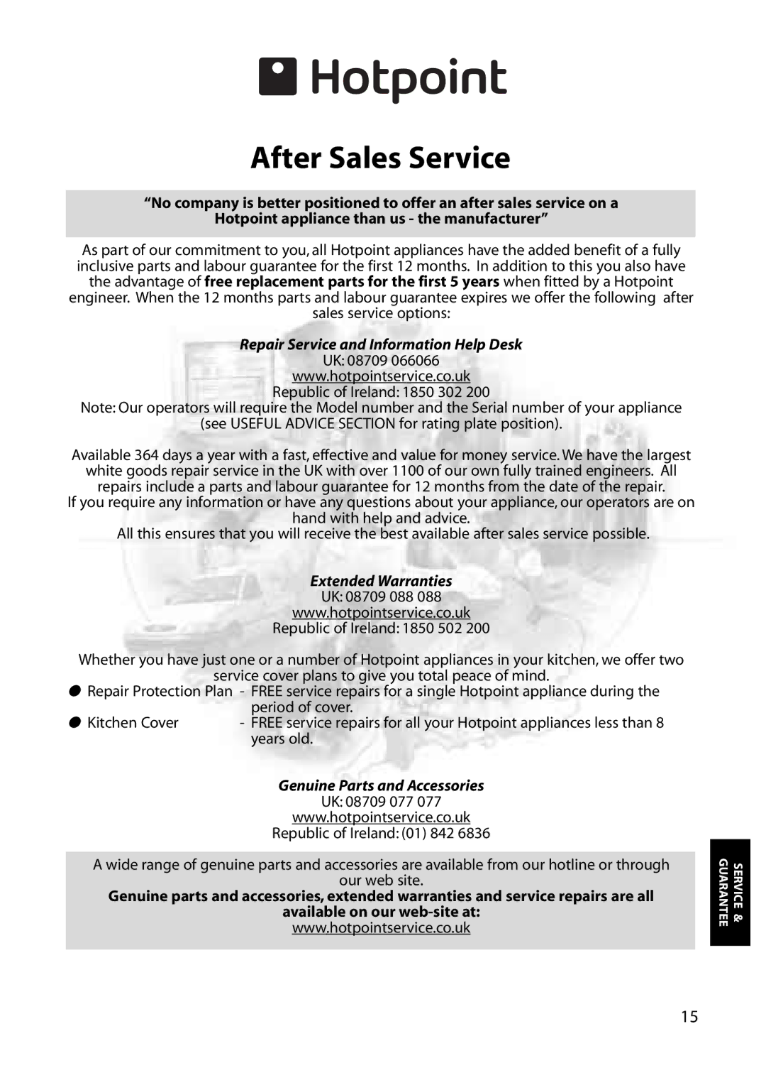 Hotpoint RLA33, RLM31, RLM33, RLA31 manual After Sales Service, Repair Service and Information Help Desk 