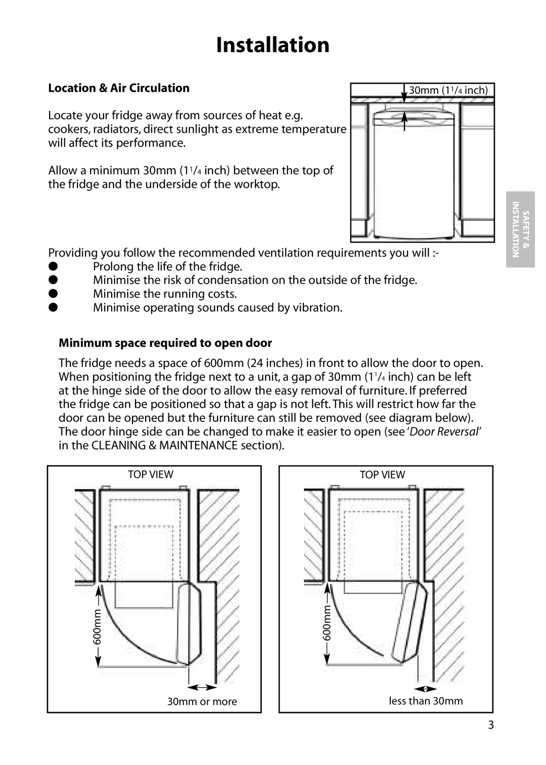 Hotpoint RLA33, RLM31, RLM33, RLA31 manual Installation, Location & Air Circulation, Minimum space required to open door 