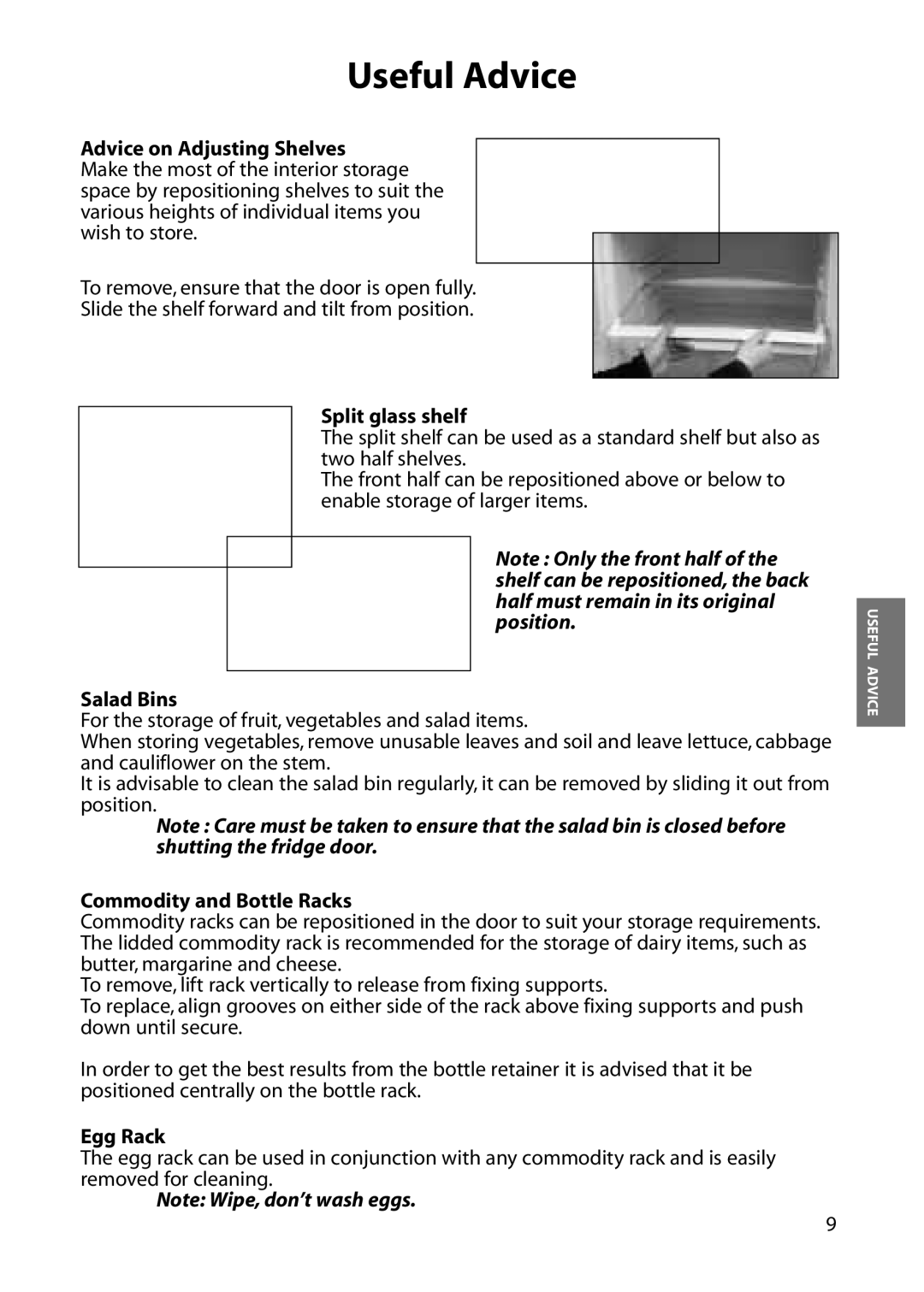 Hotpoint RLM33, RLM31 Advice on Adjusting Shelves, Split glass shelf, Salad Bins, Commodity and Bottle Racks, Egg Rack 