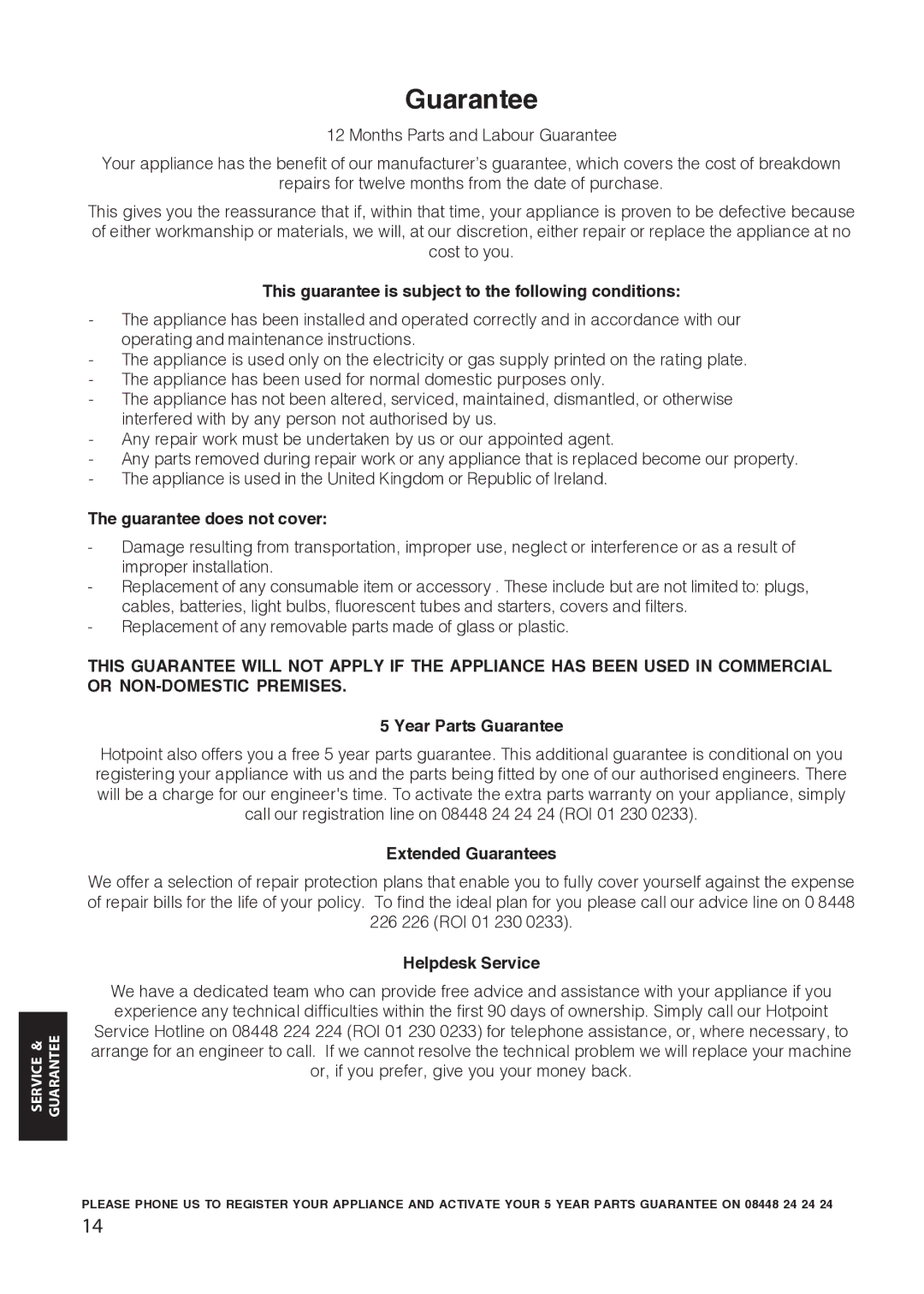 Hotpoint RLA34, RLM34, RLM36, RLA36 manual Guarantee 