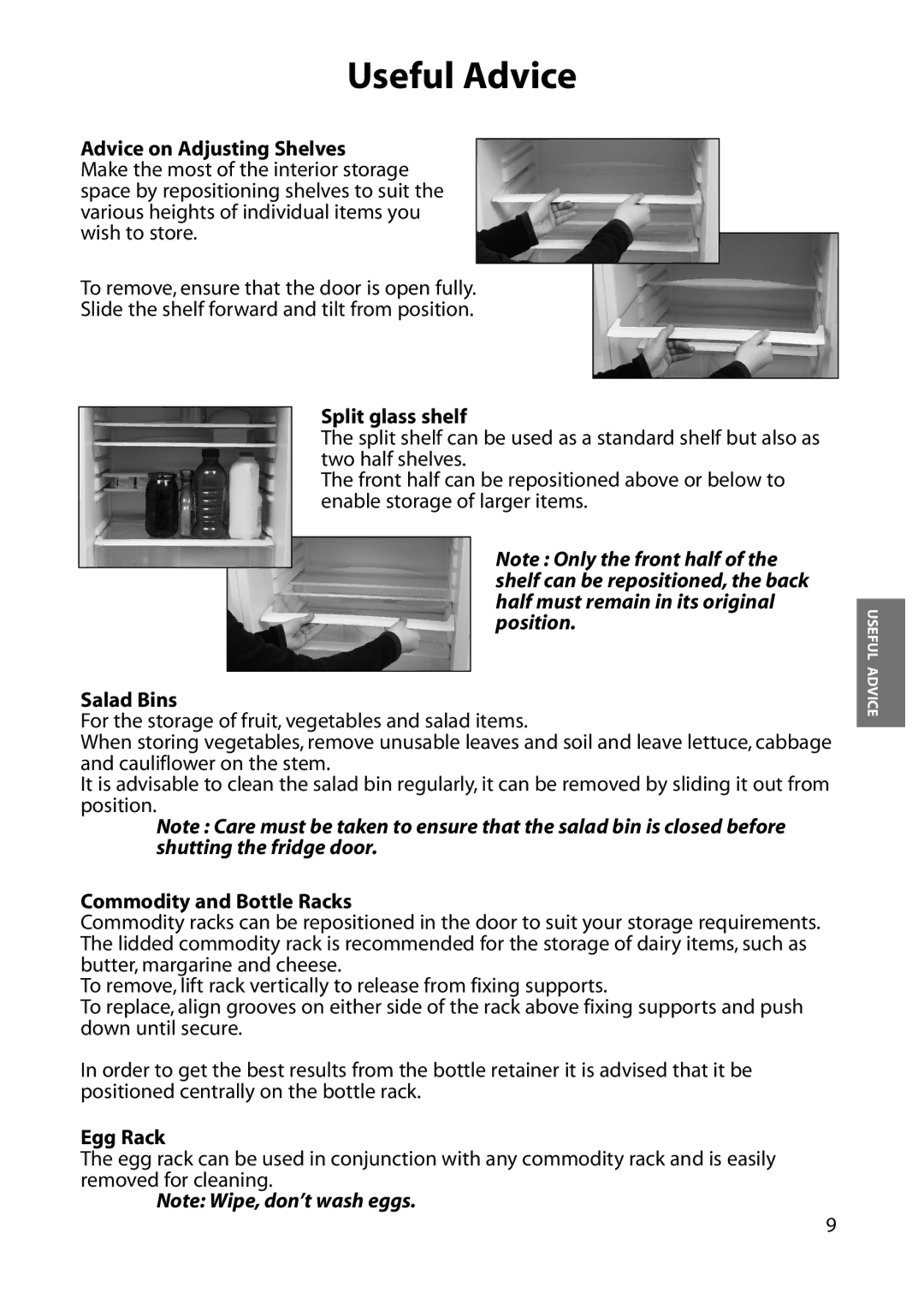 Hotpoint RLM36, RLM34 Advice on Adjusting Shelves, Split glass shelf, Salad Bins, Commodity and Bottle Racks, Egg Rack 